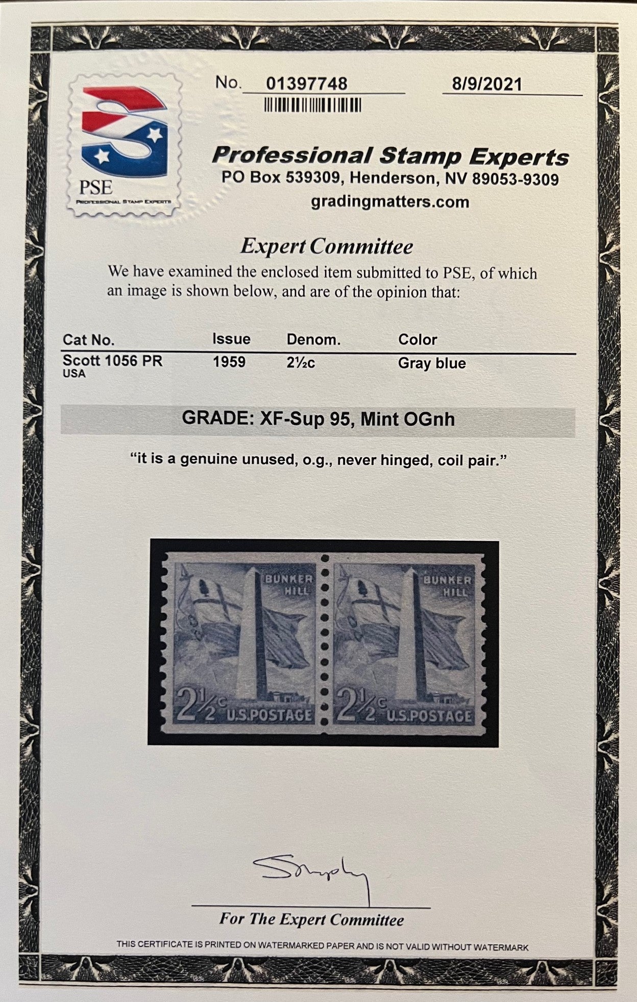 Scott #1056 PR Mint NH Coil Pair Graded 95