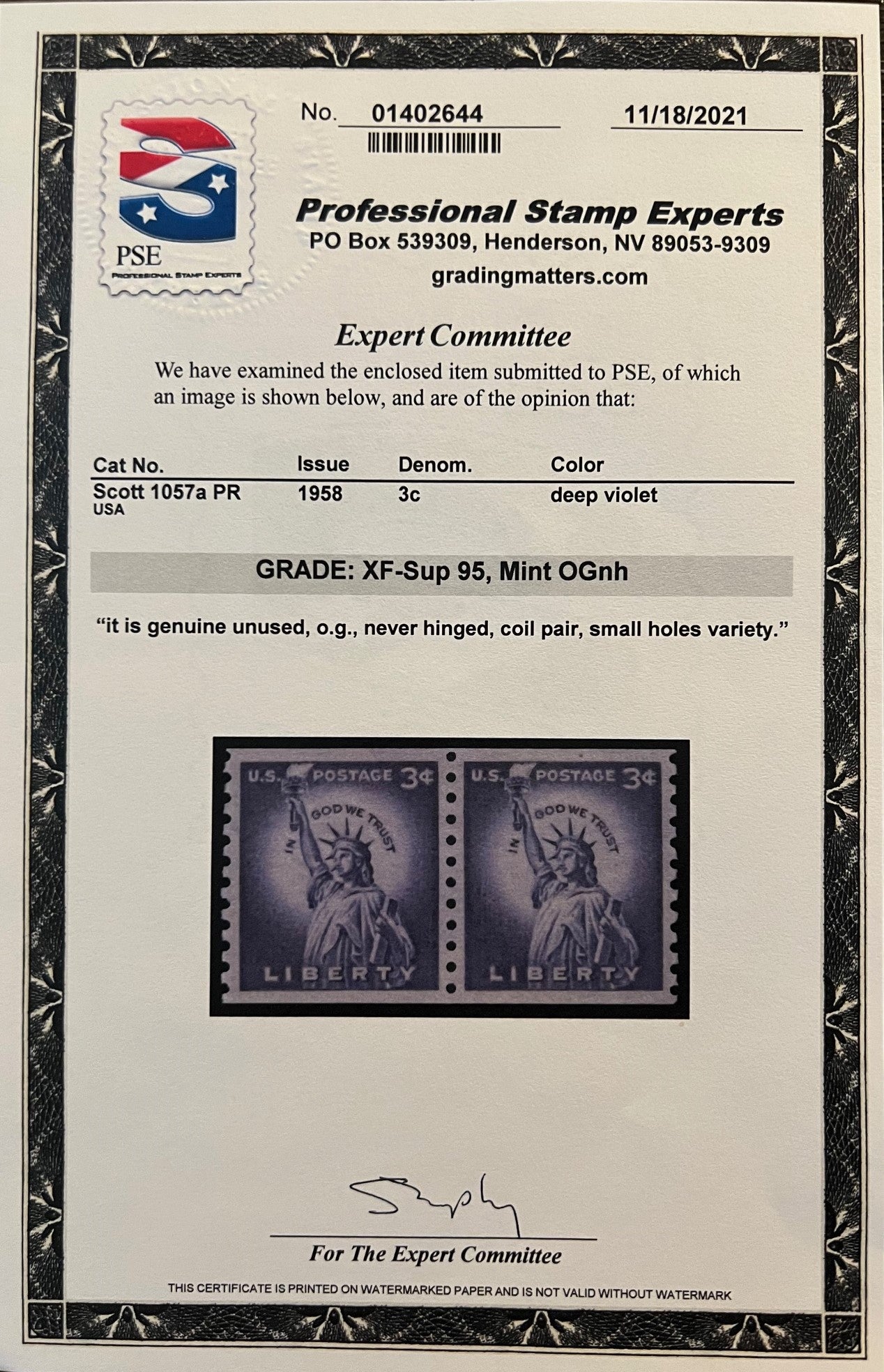 Scott #1057a PR Mint NH Coil Pair Graded 95