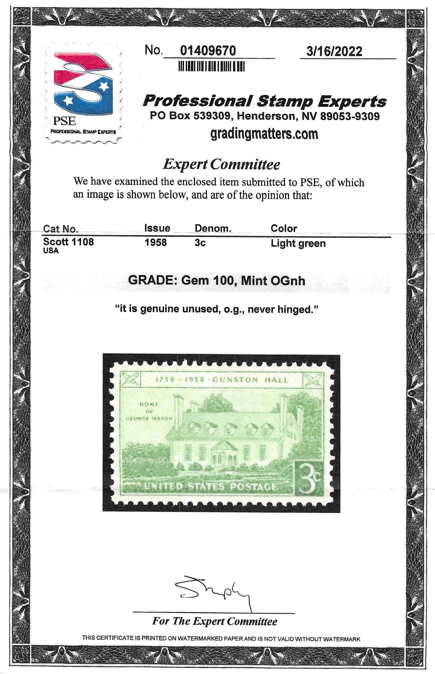 Scott #1108 Mint NH Graded 100