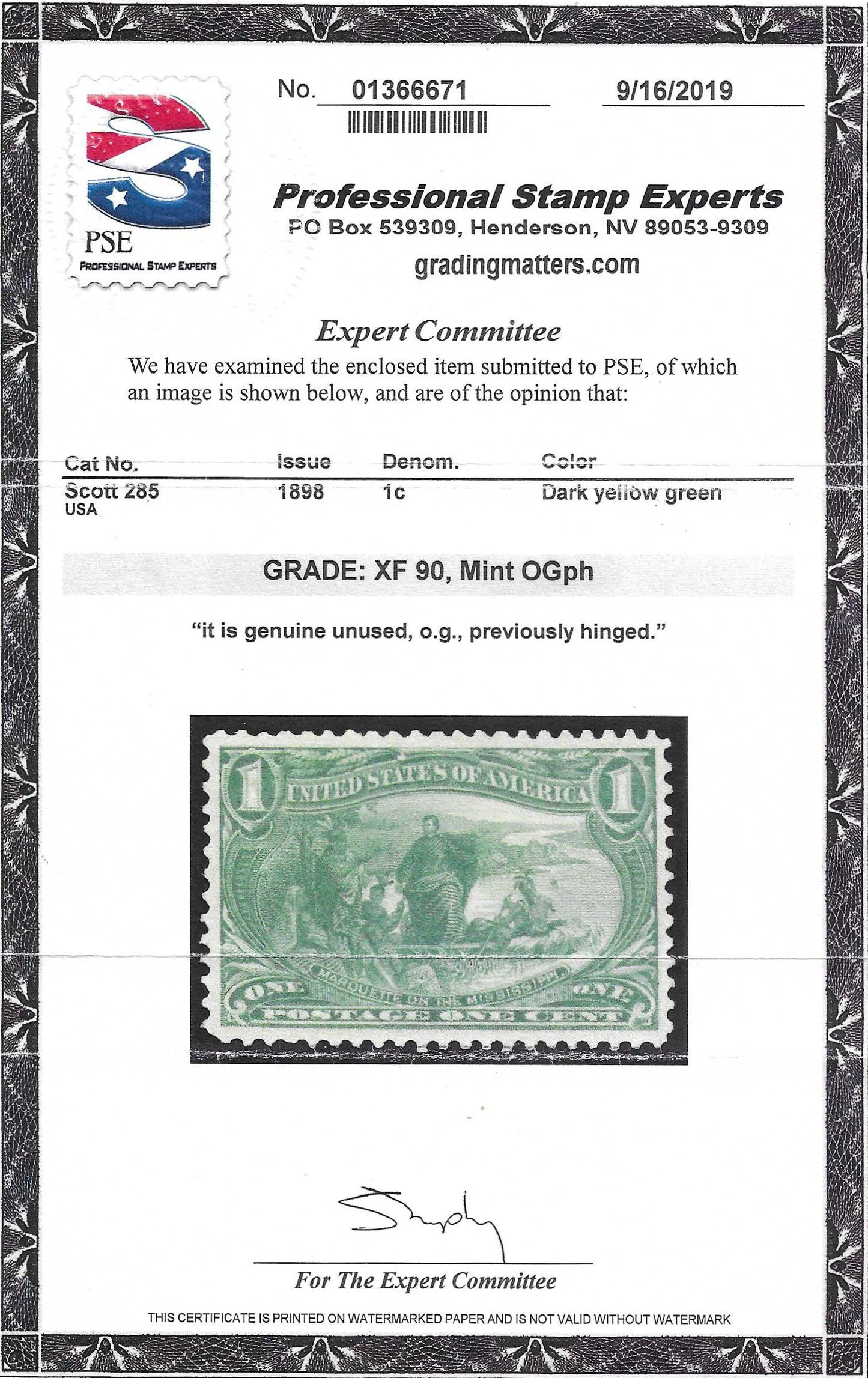 Scott #285 Mint PH Graded 90