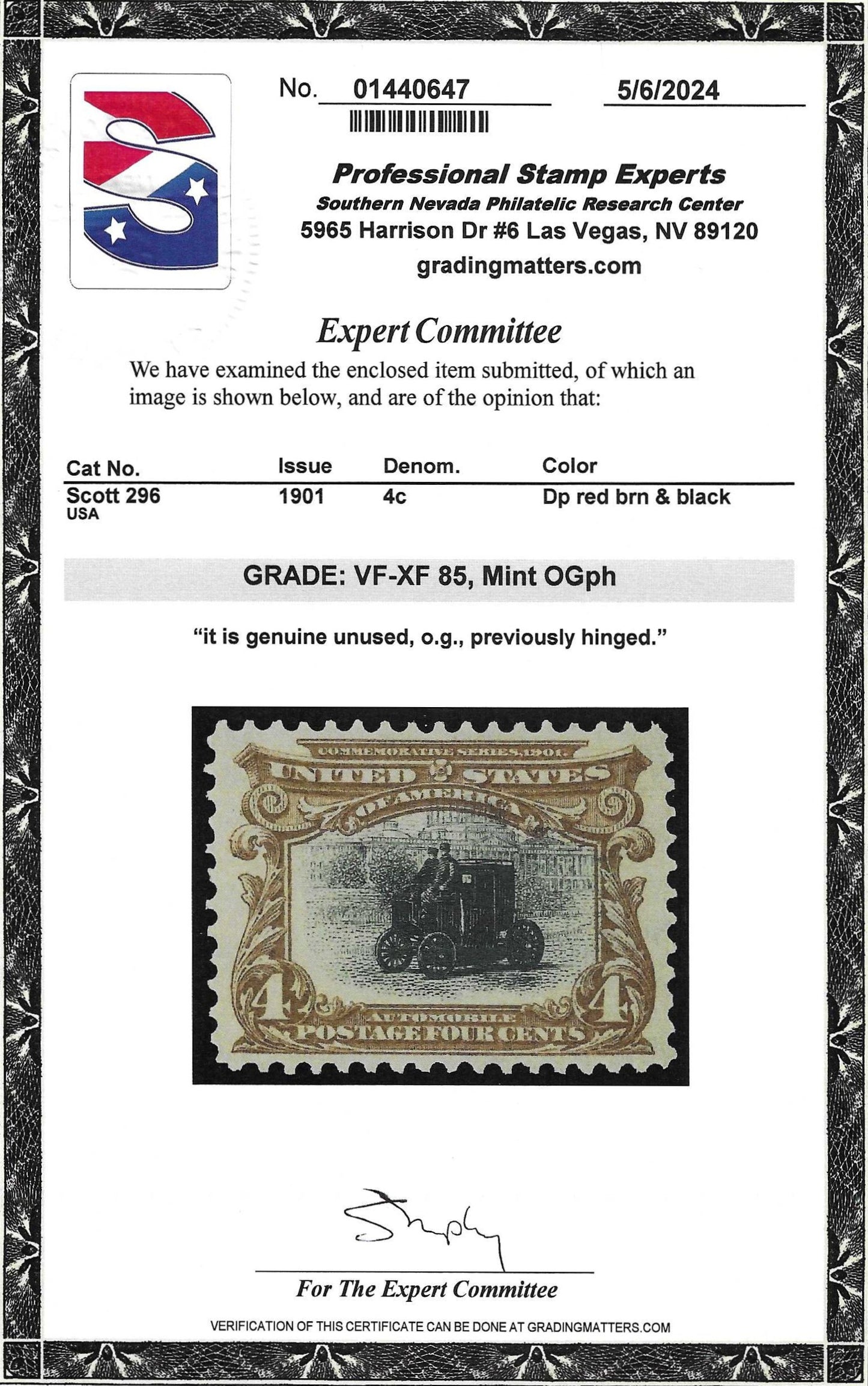 Scott #296 Mint PH Graded 85