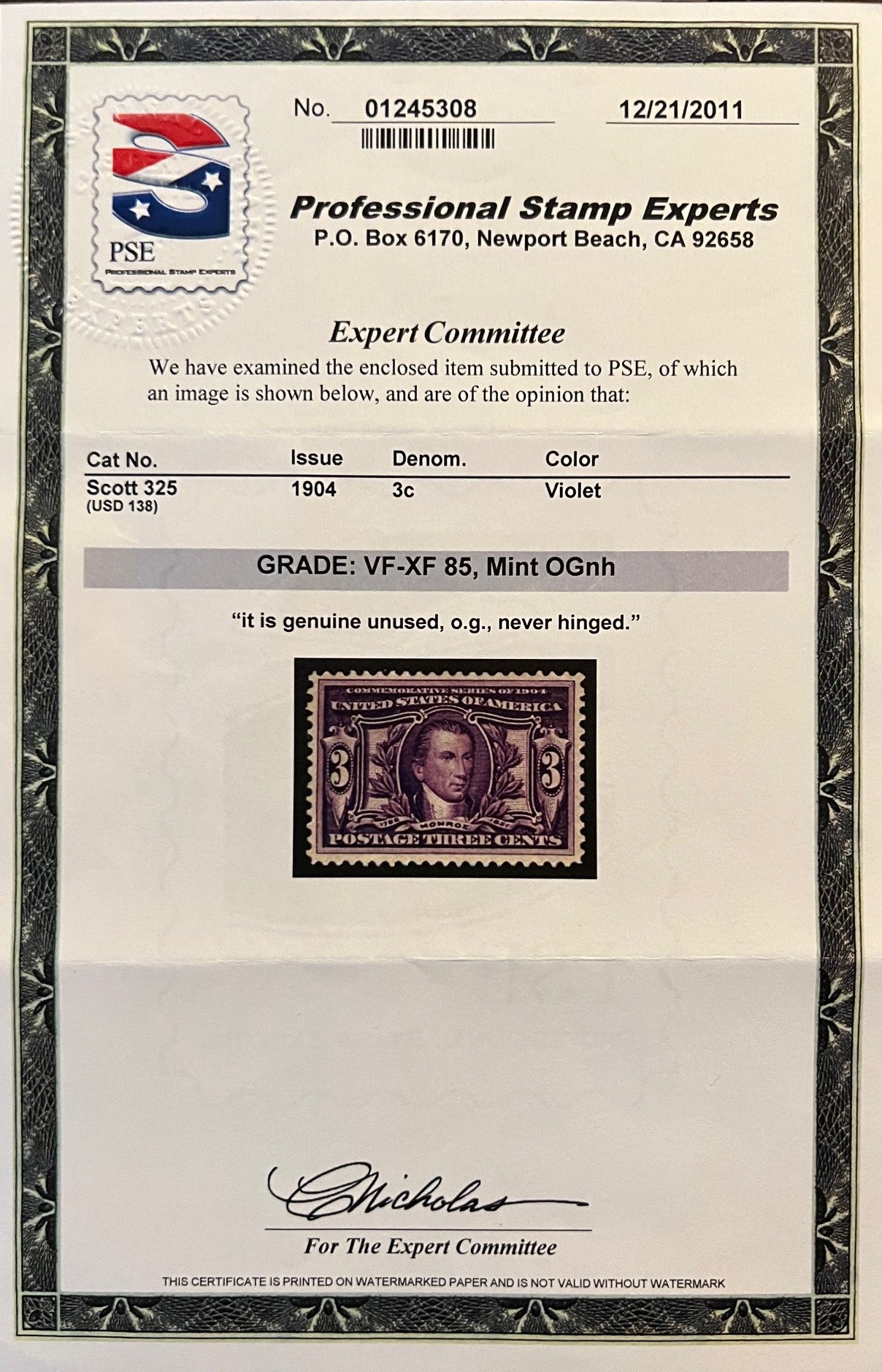 Scott #325 Mint NH Graded 85