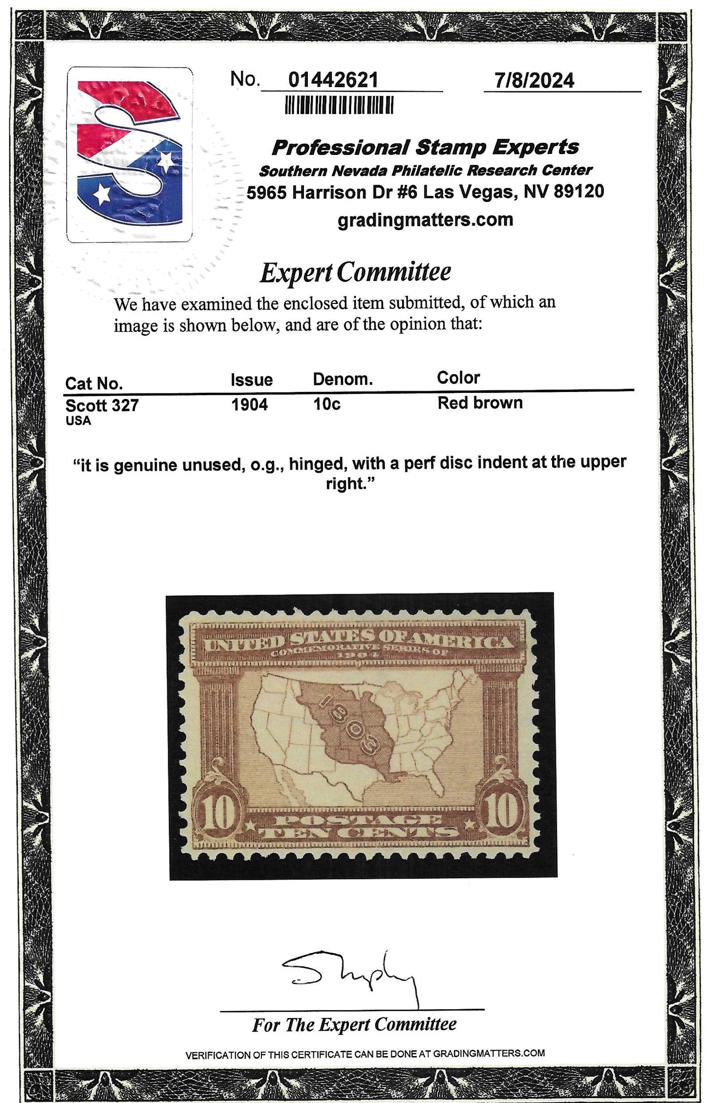 Scott #327 Mint PH with Certificate