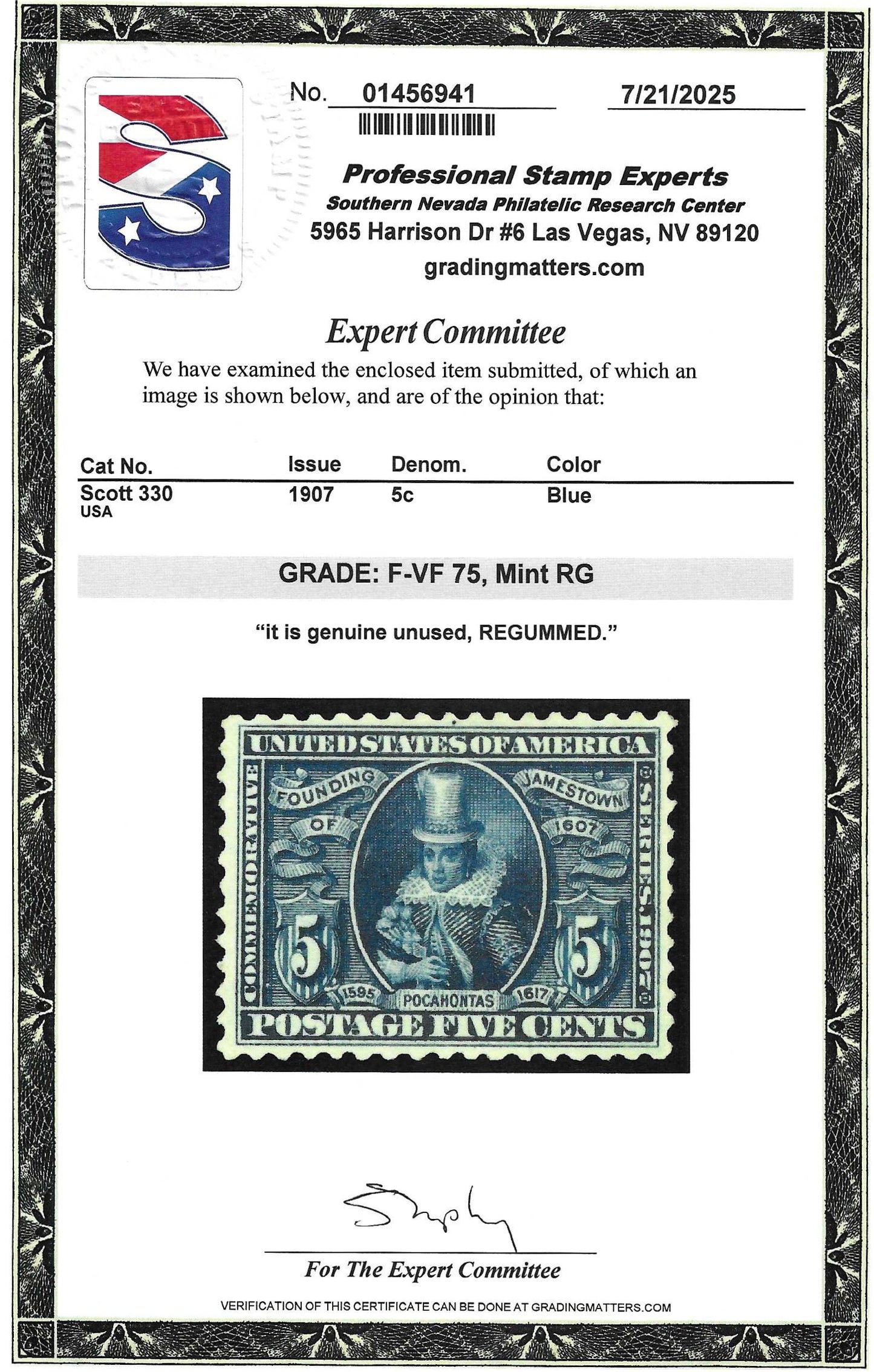Scott #330 Mint RG Graded 75