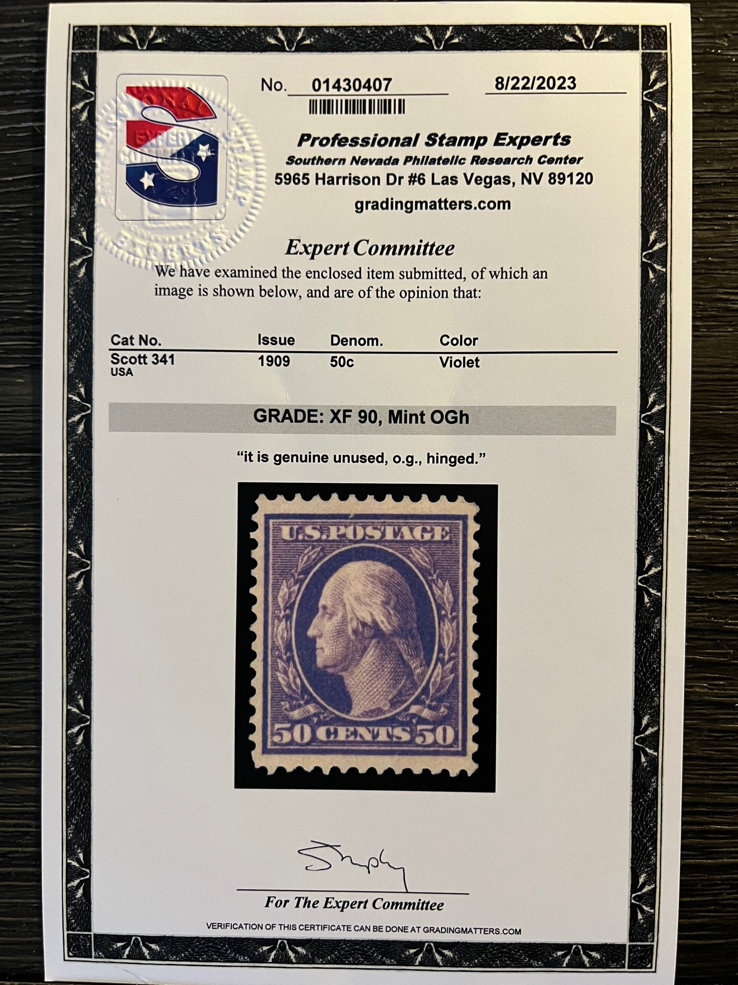 Scott #341 Mint PH Graded 90