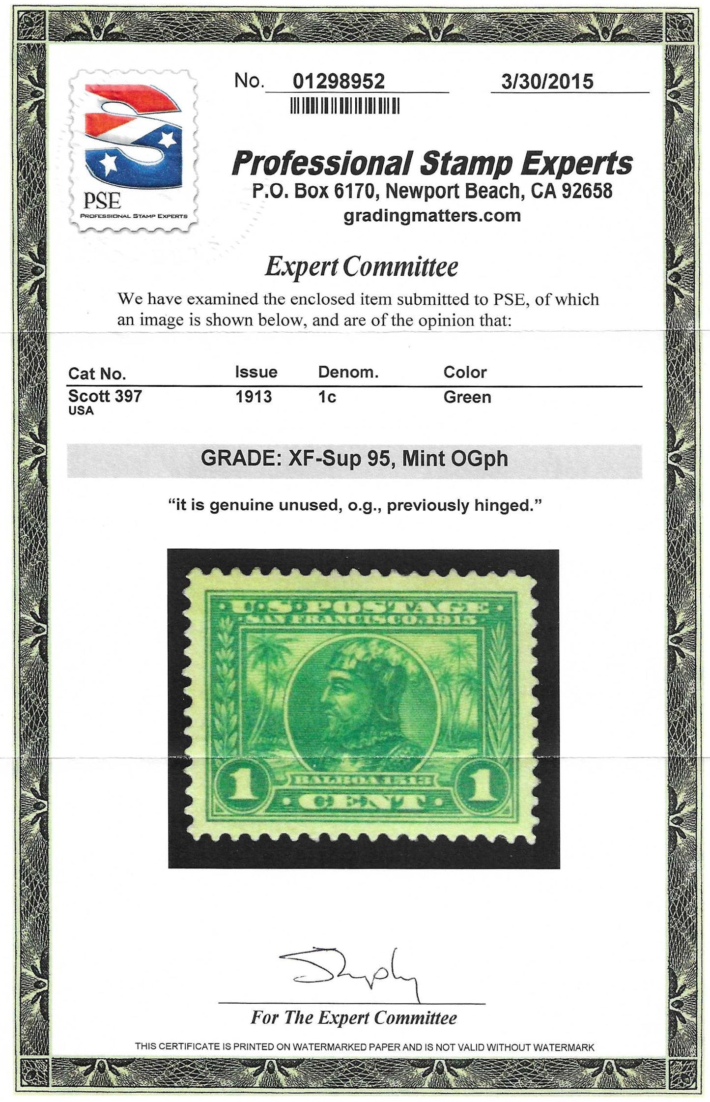 Scott #397 Mint PH Graded 95