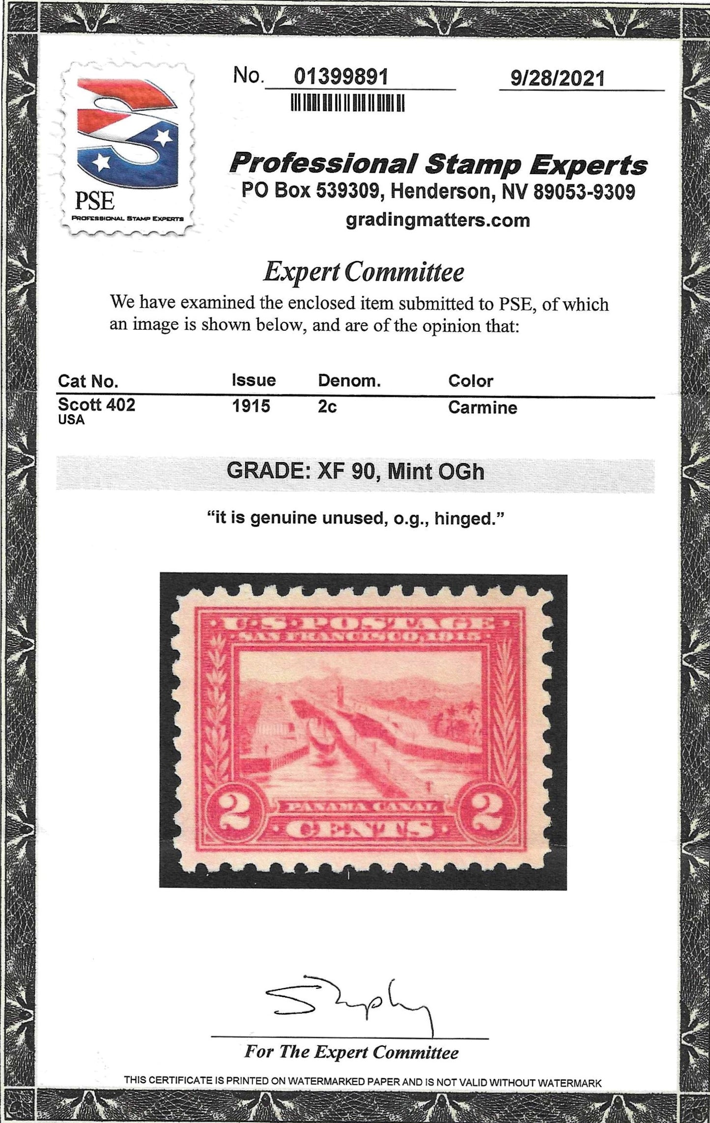Scott #402 Mint PH Graded 90