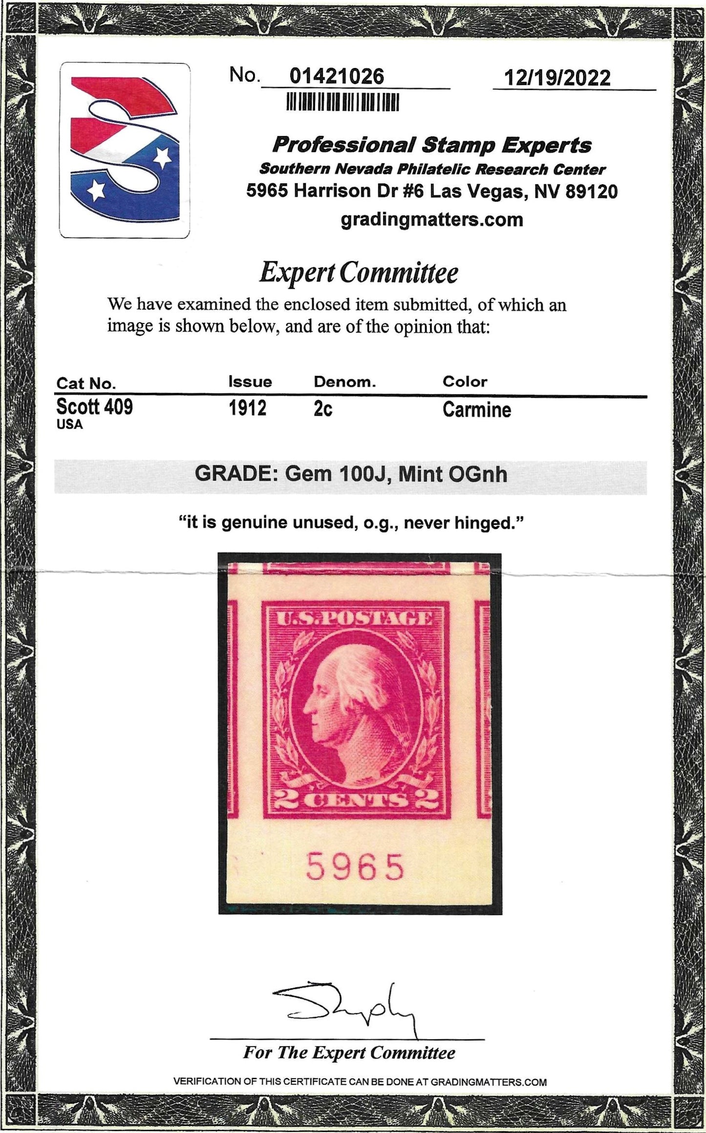 Scott #409 Mint NH Graded 100J