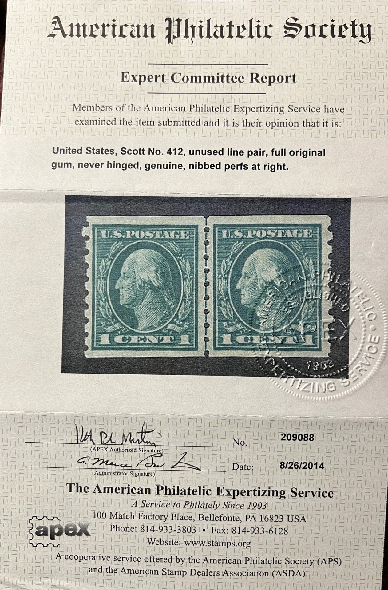 Scott #412 LP Mint NH Coil Line Pair with Certificate