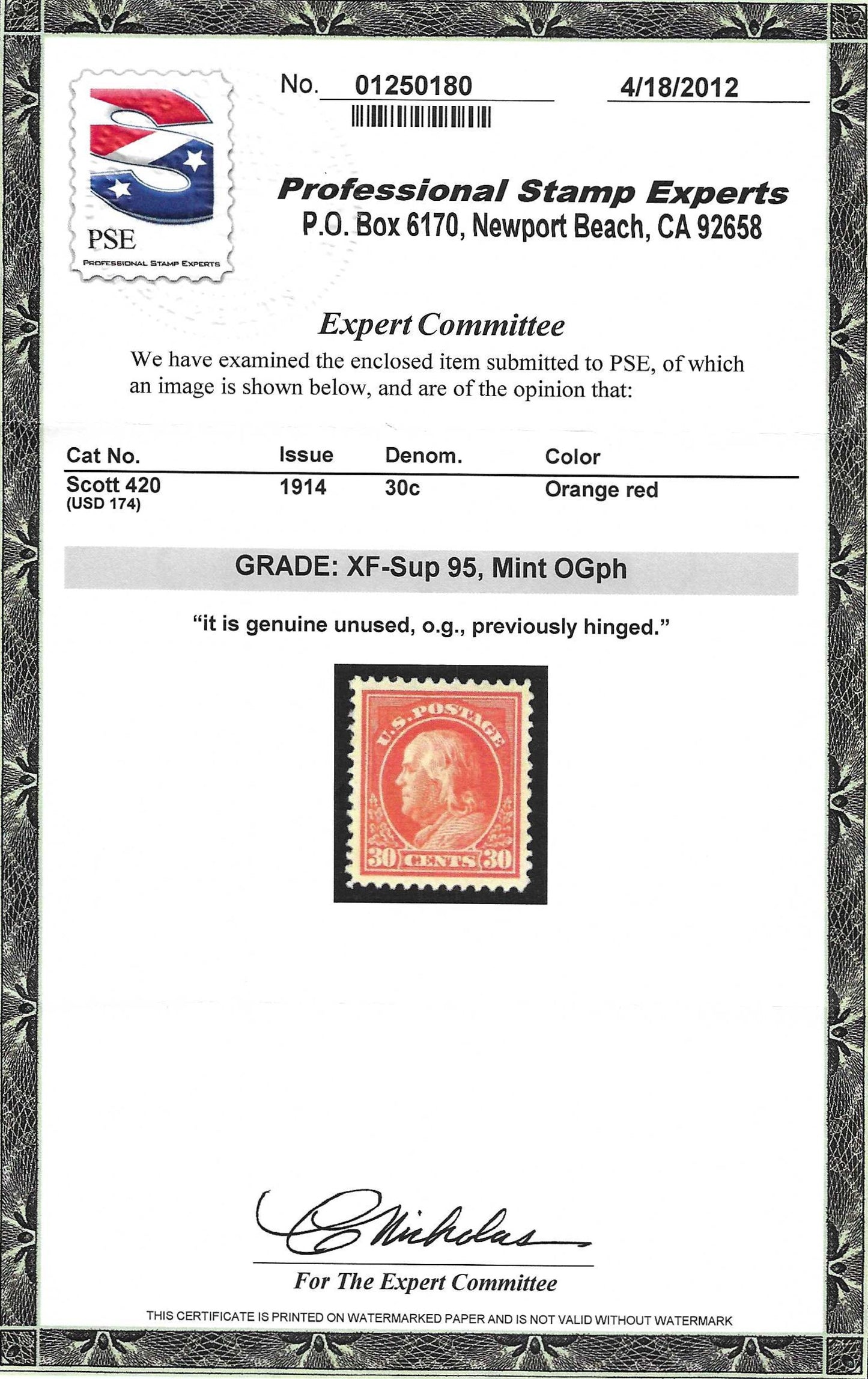 Scott #420 Mint PH Graded 95
