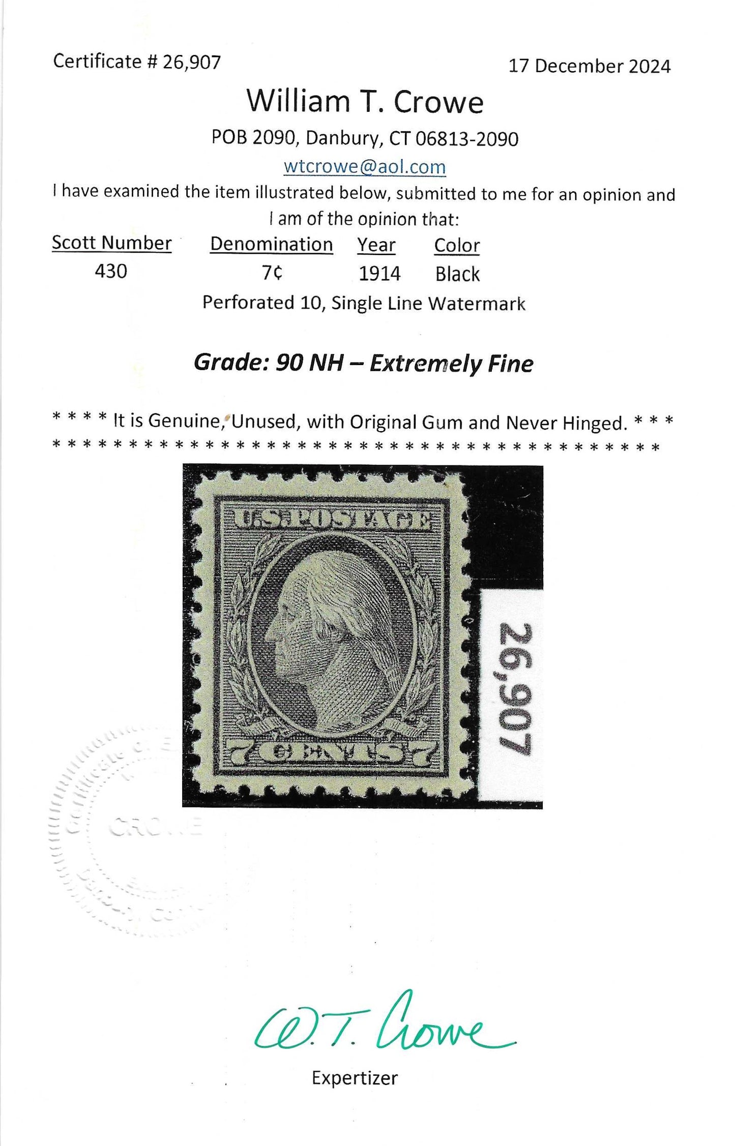 Scott #430 Mint NH Graded 90