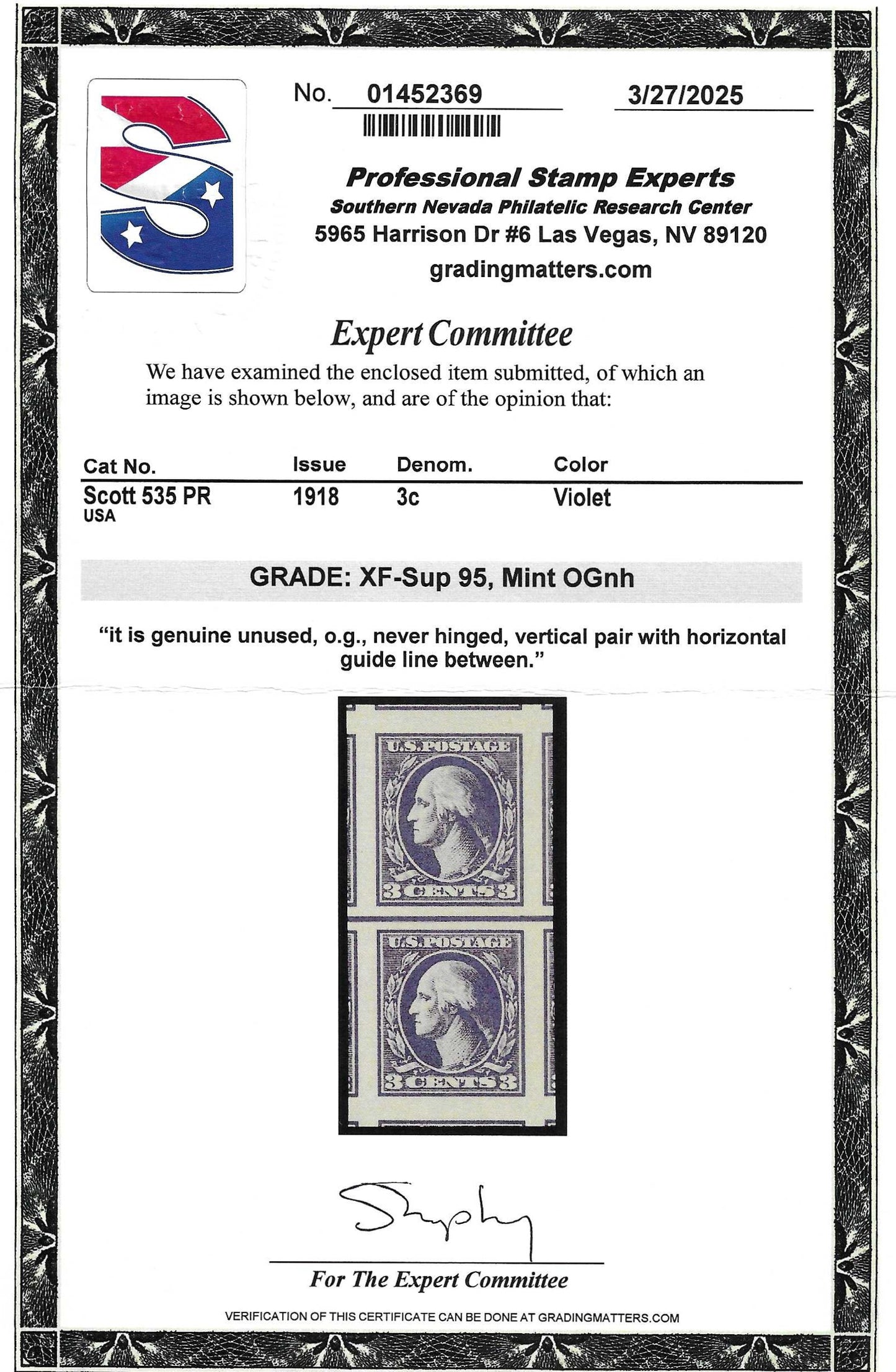 Scott #535 PR Mint NH Graded 95