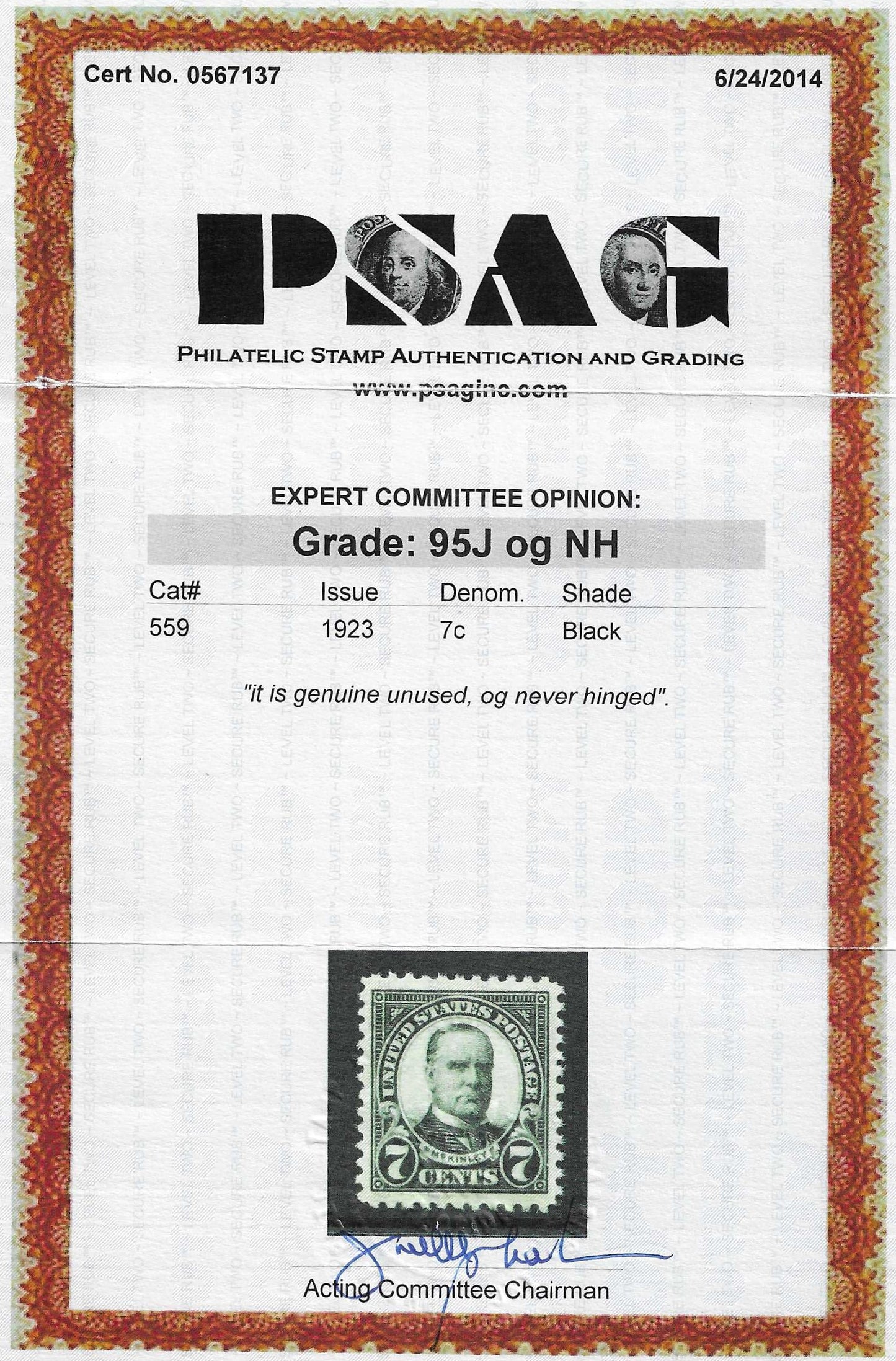 Scott #559 Mint NH Graded 95J