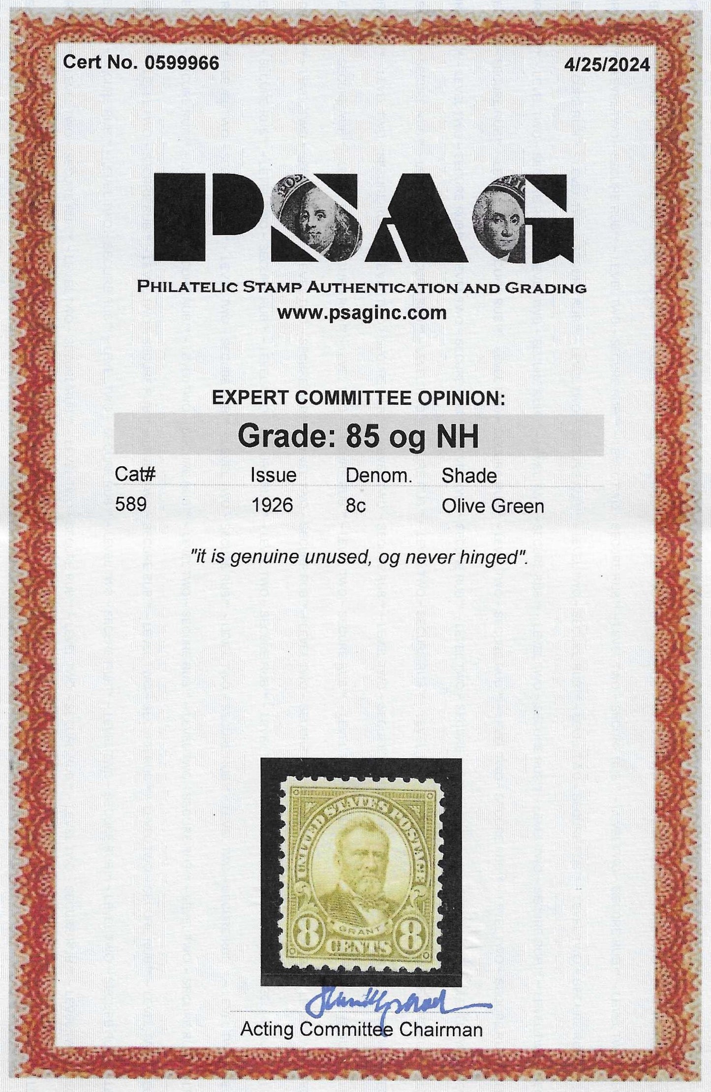 Scott #589 Mint NH Graded 85