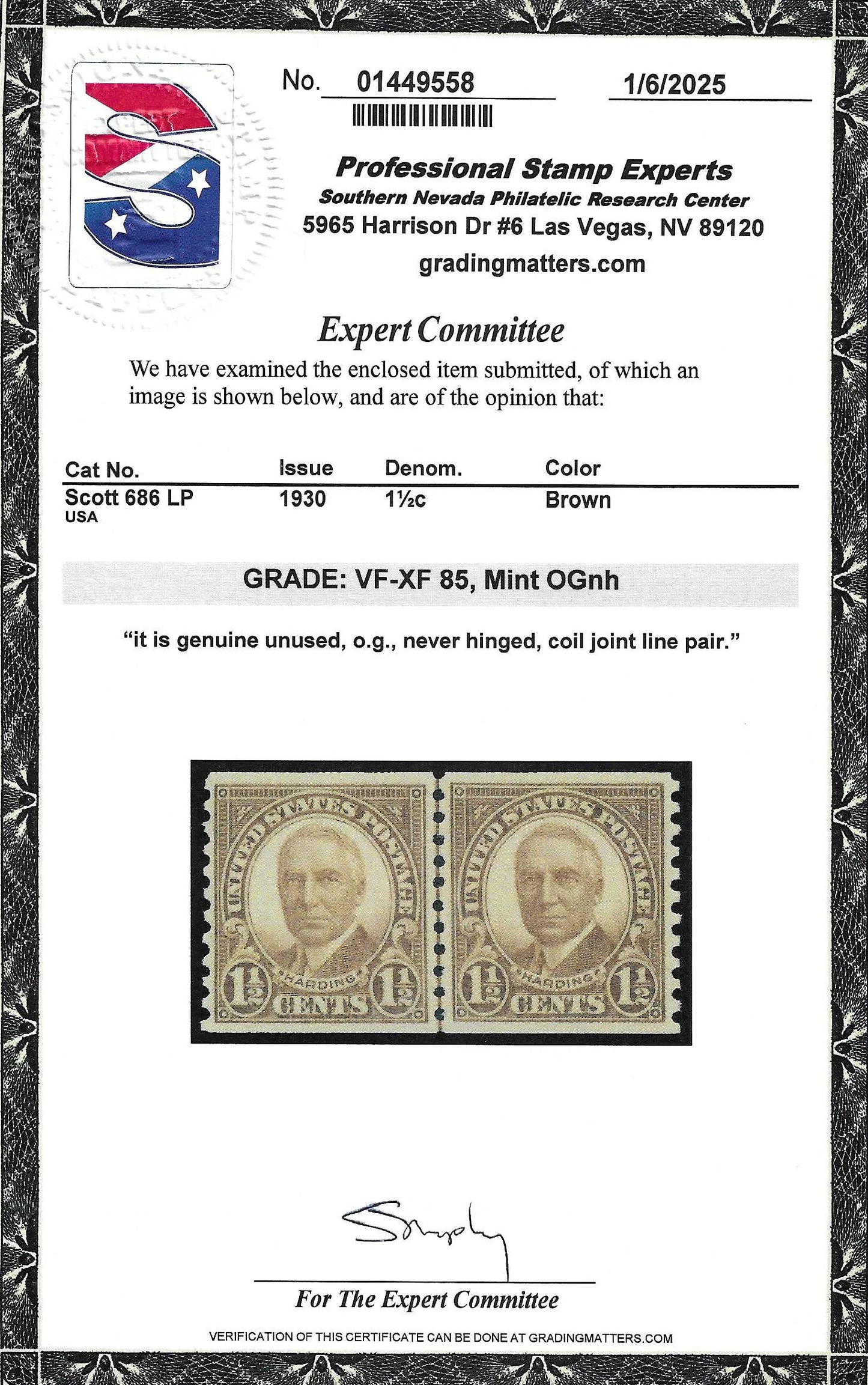 Scott #686 LP Mint NH Coil Line Pair Graded 85
