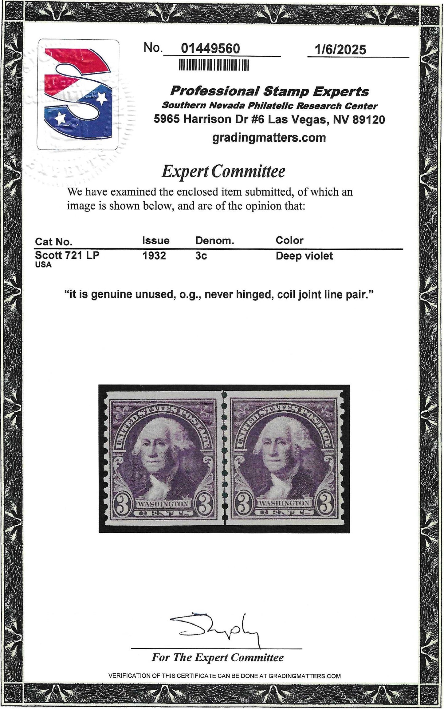Scott #721 LP Mint NH with Certificate