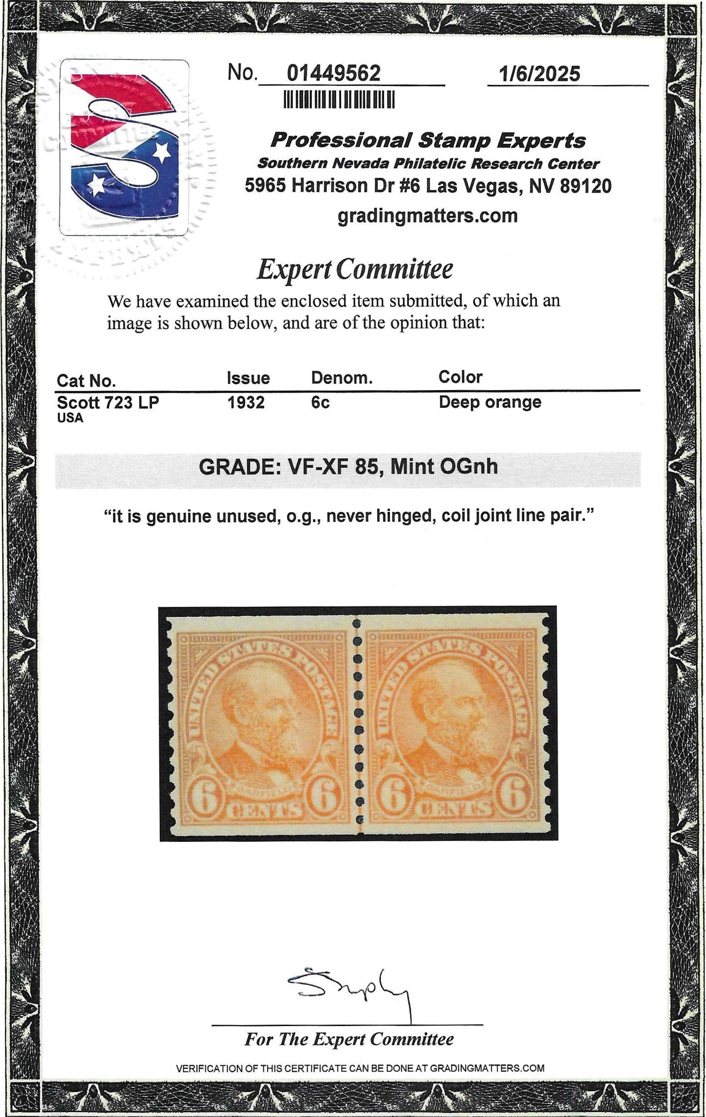 Scott #723 LP Mint NH Coil Line Pair Graded 85