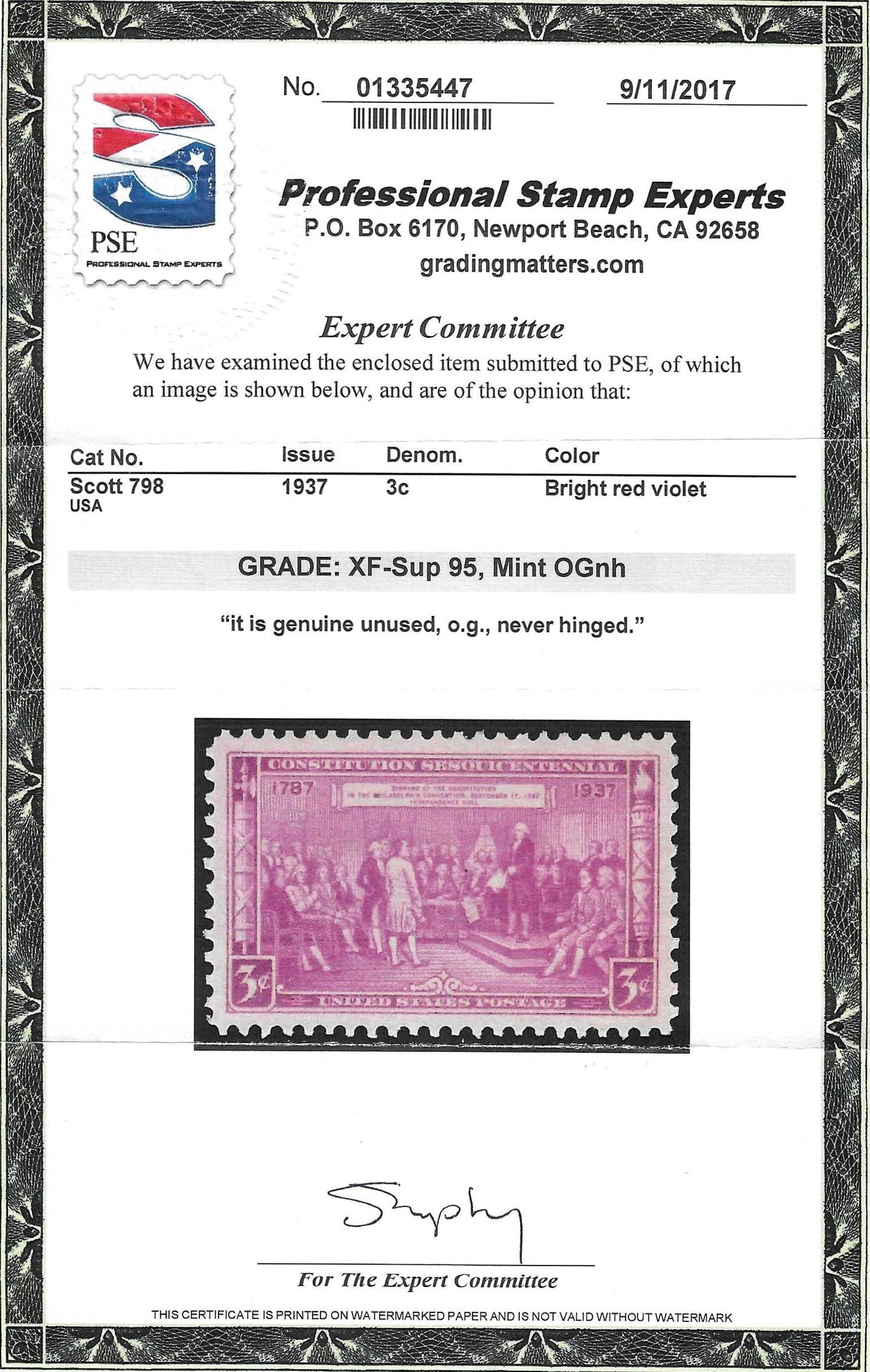 Scott #798 Mint NH Graded 95