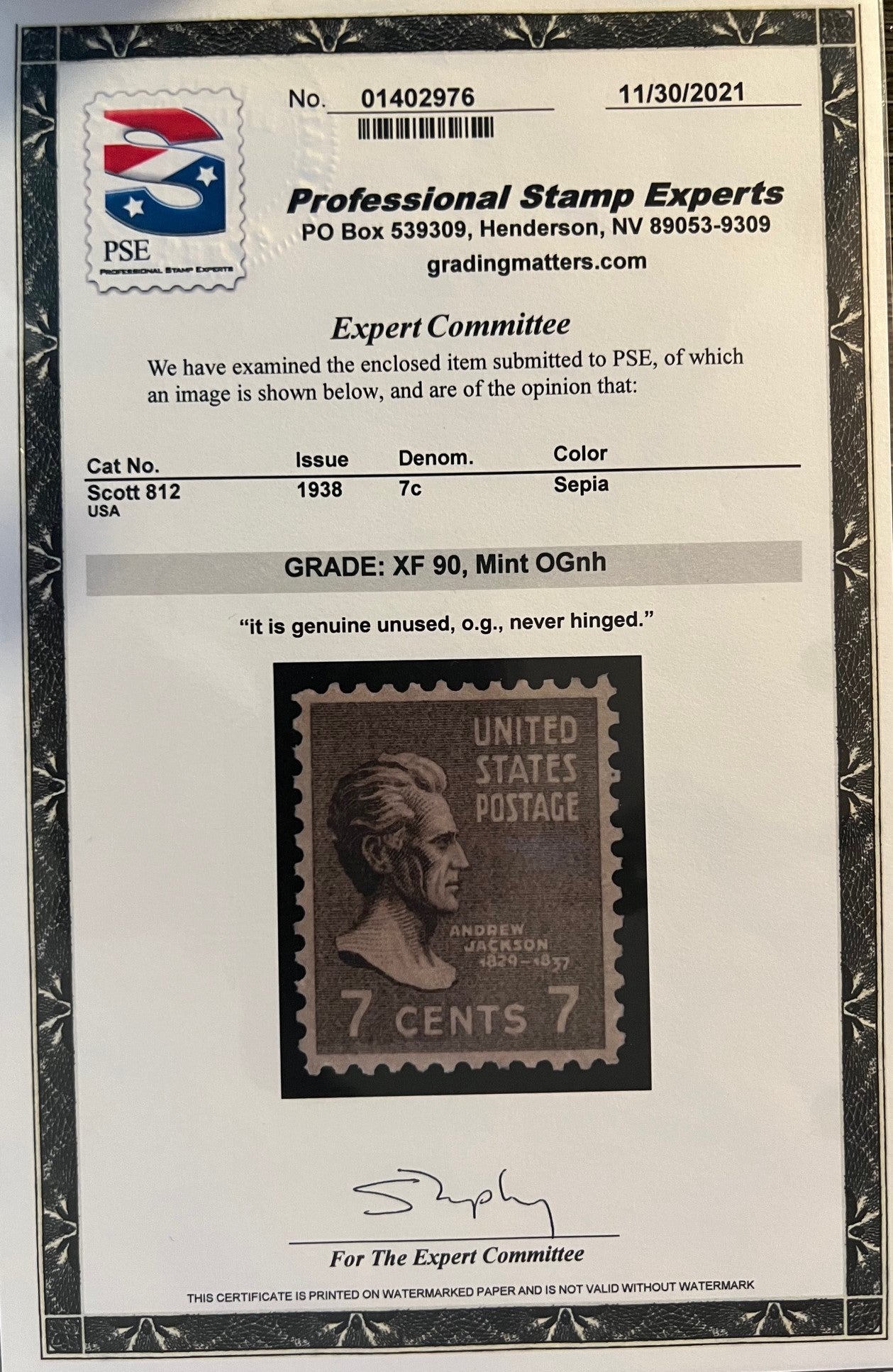 Scott #812 Mint NH Graded 90