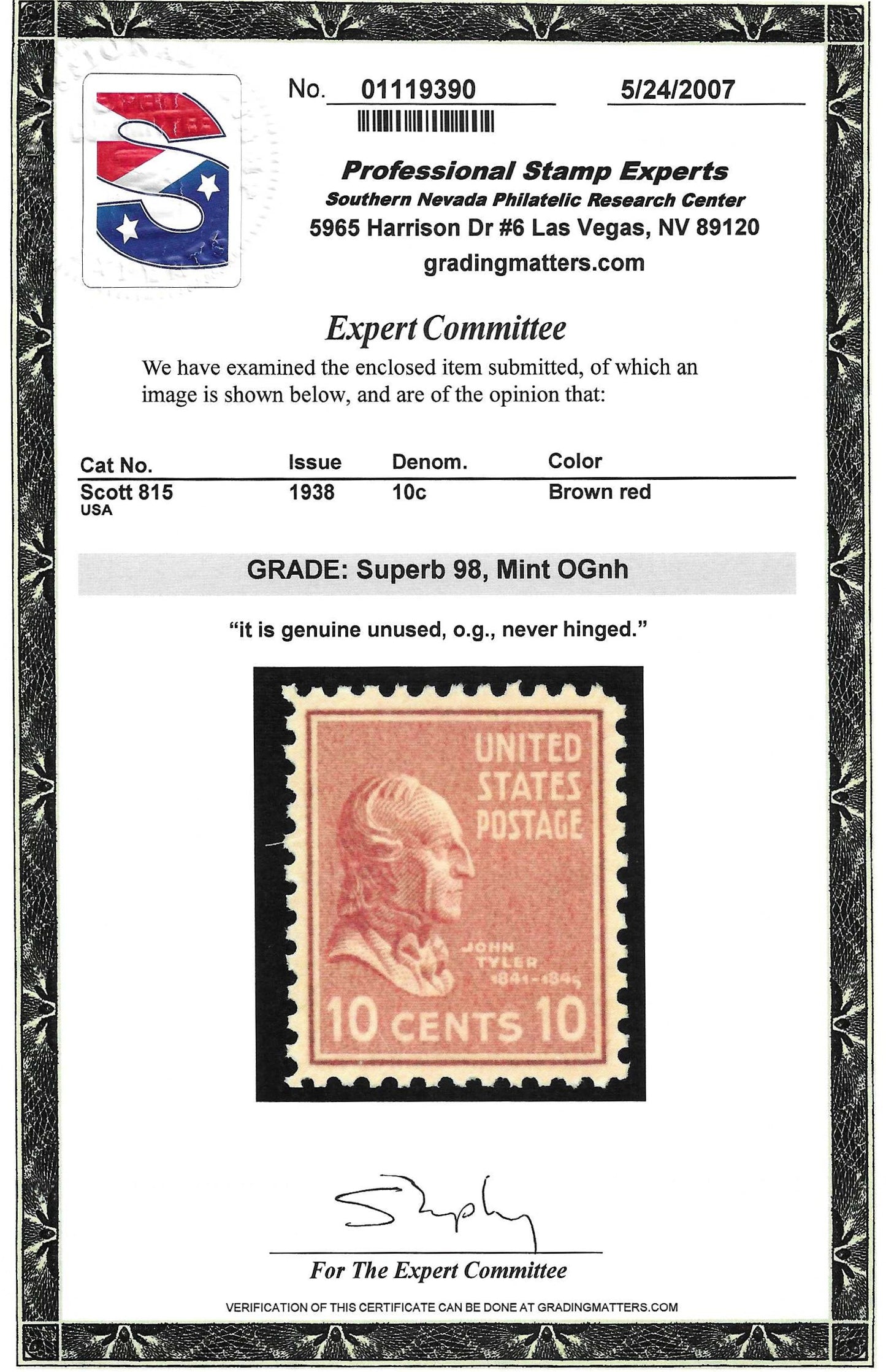 Scott #815 Mint NH Graded 98