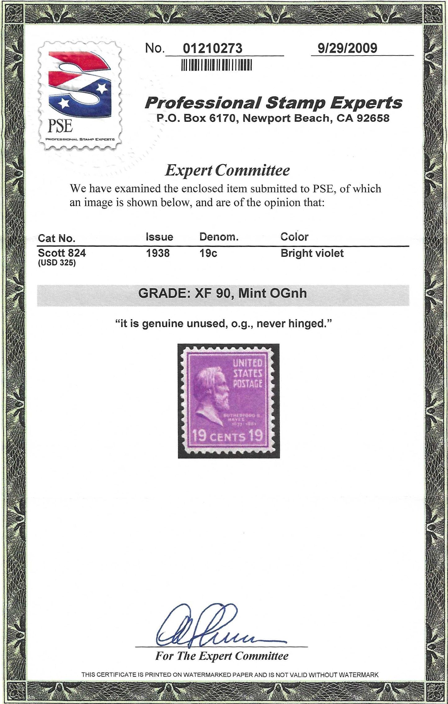 Scott #824 Mint NH Graded 90