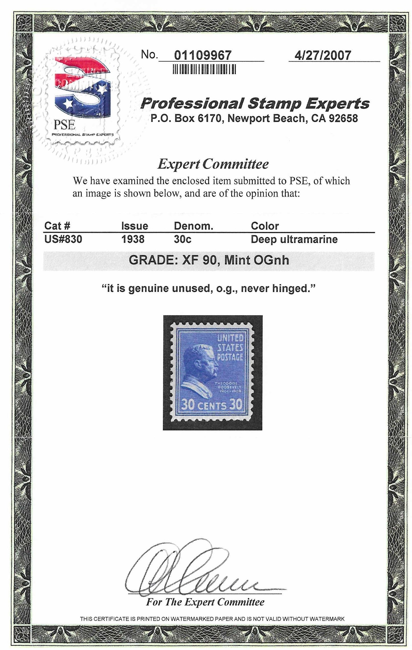 Scott #830 Mint NH Graded 90