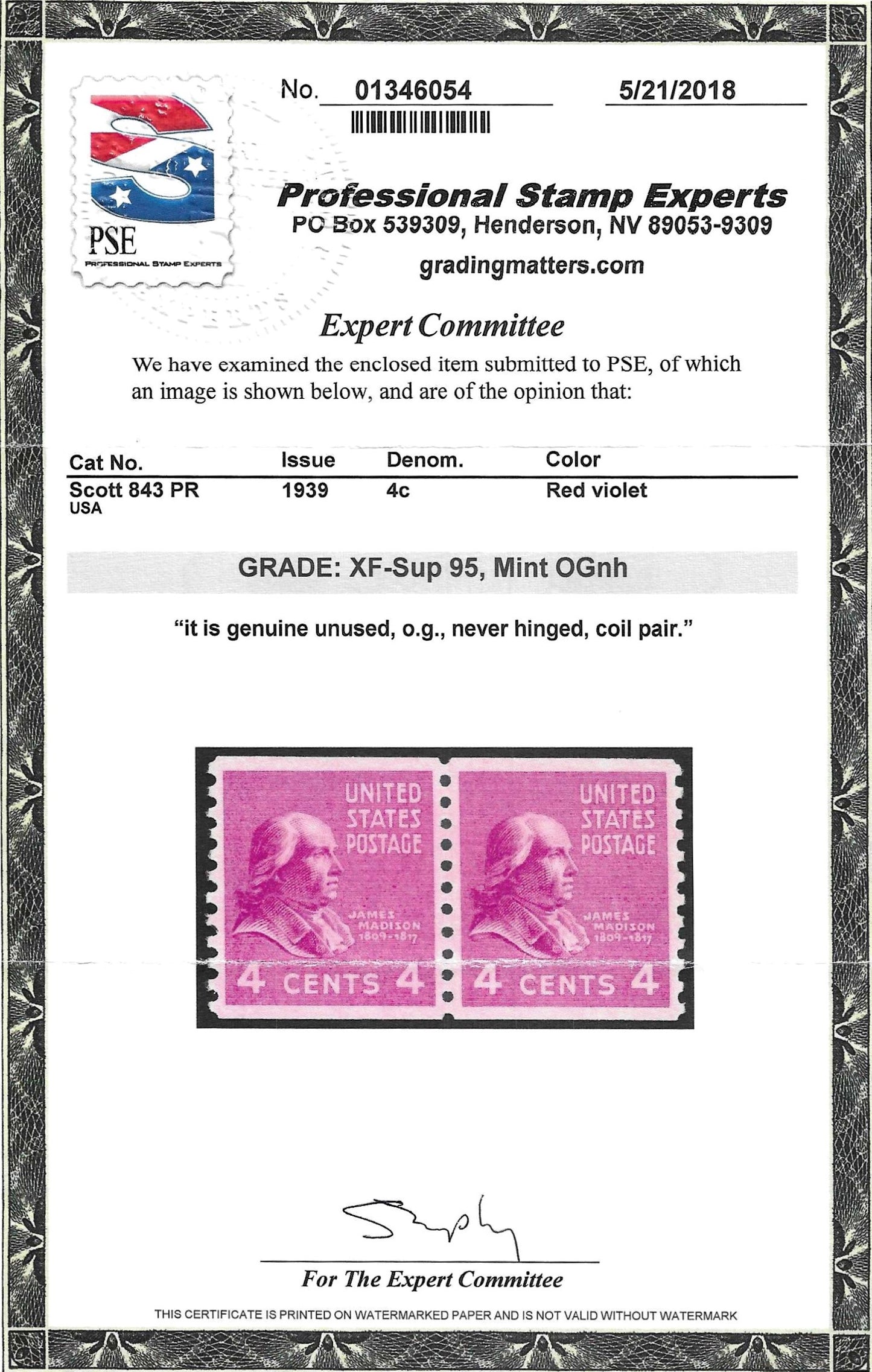 Scott #843 PR Mint NH Graded 95