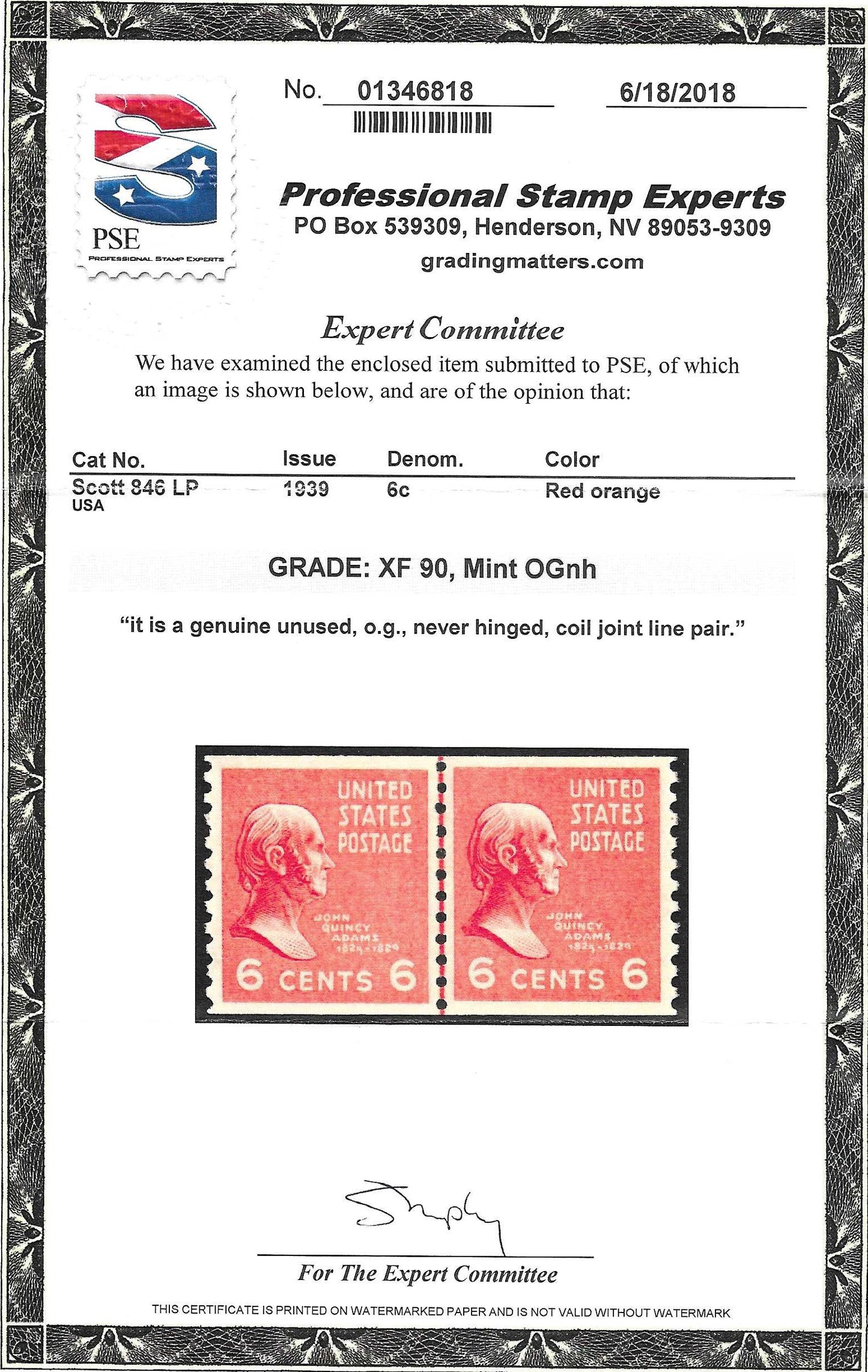 Scott #846 LP Mint NH Coil Line Pair Graded 90