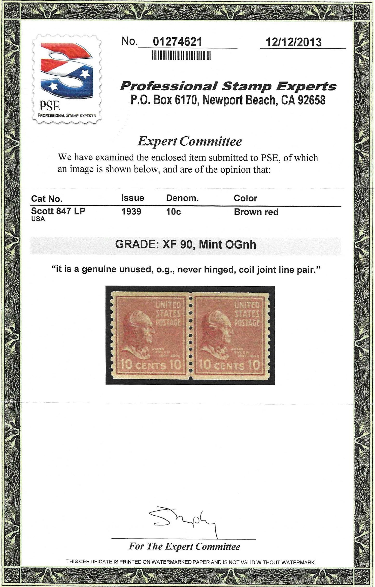 Scott #847 LP Mint NH Coil Line Pair Graded 90