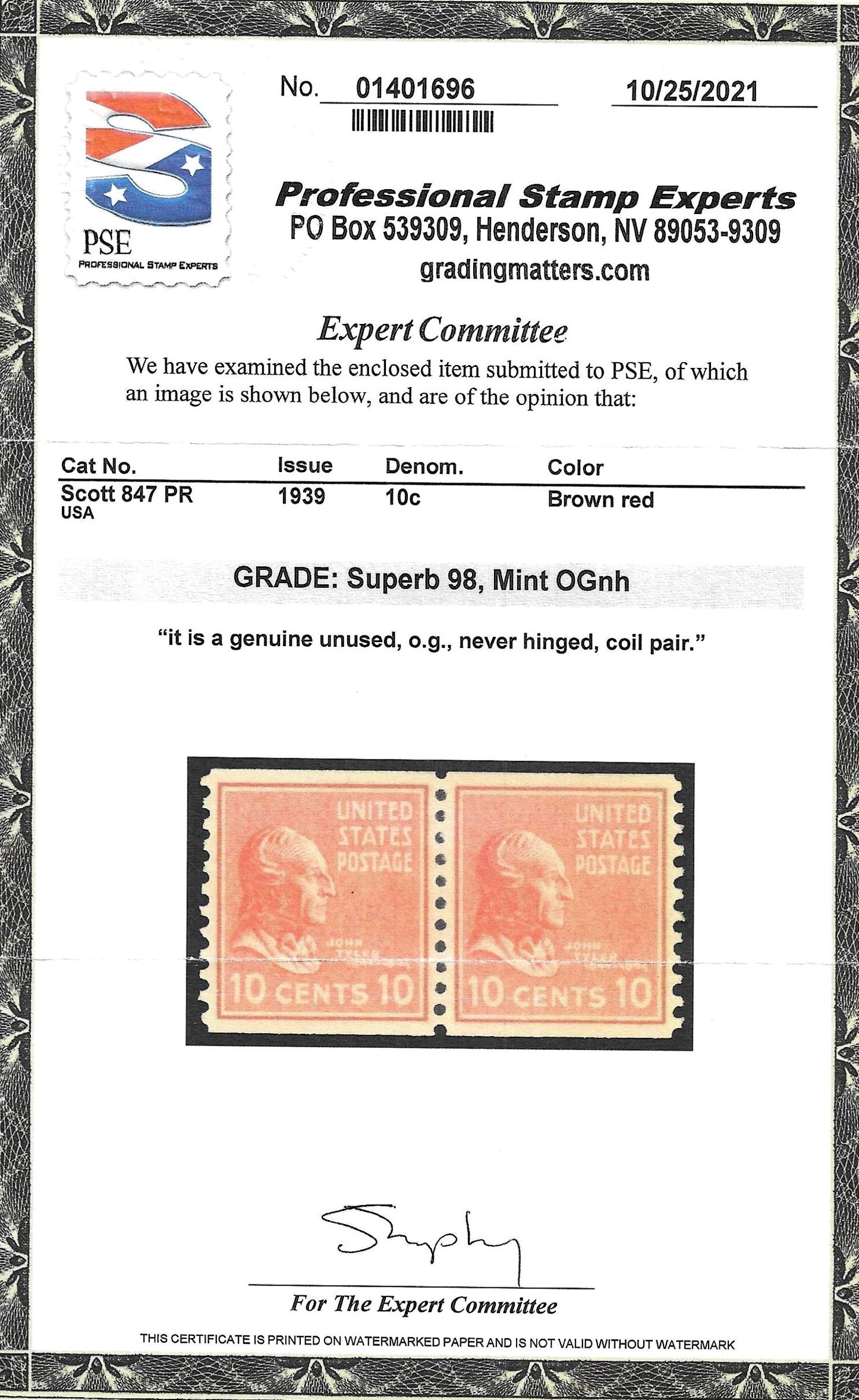 Scott #847 PR Mint NH Coil Pair Graded 98