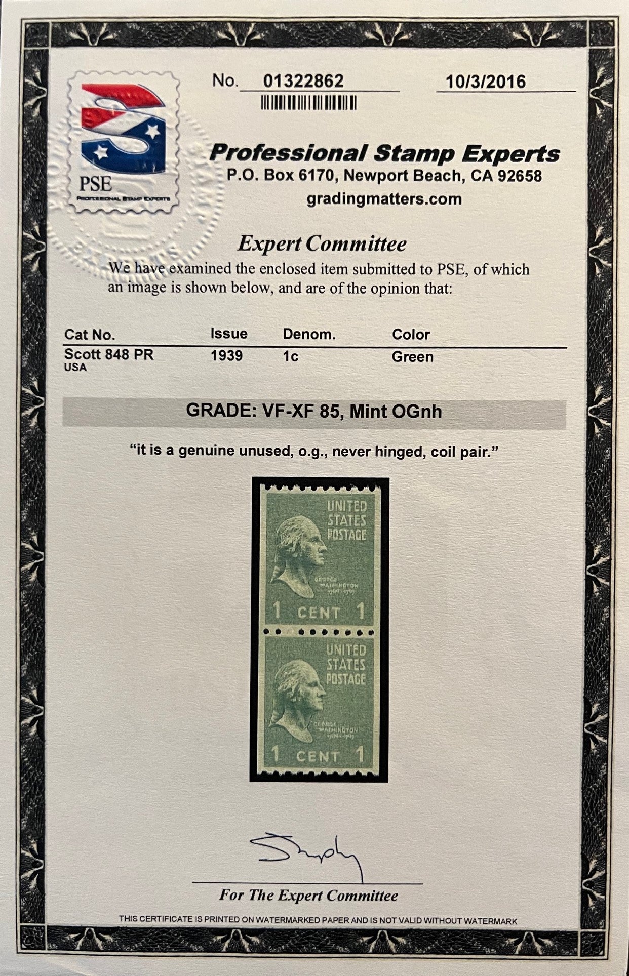 Scott #'s 848 PR and 849 PR Mint NH Coil Pairs Graded 85