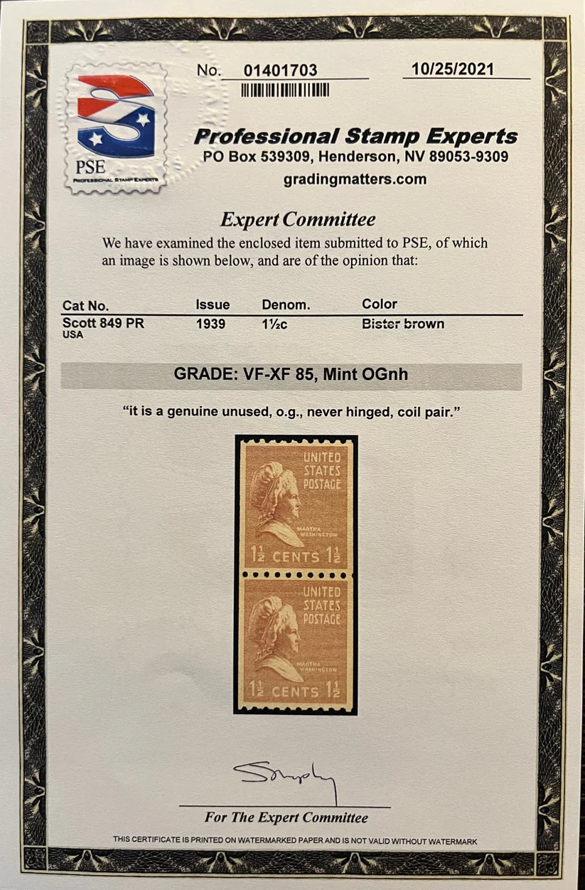 Scott #'s 848 PR and 849 PR Mint NH Coil Pairs Graded 85