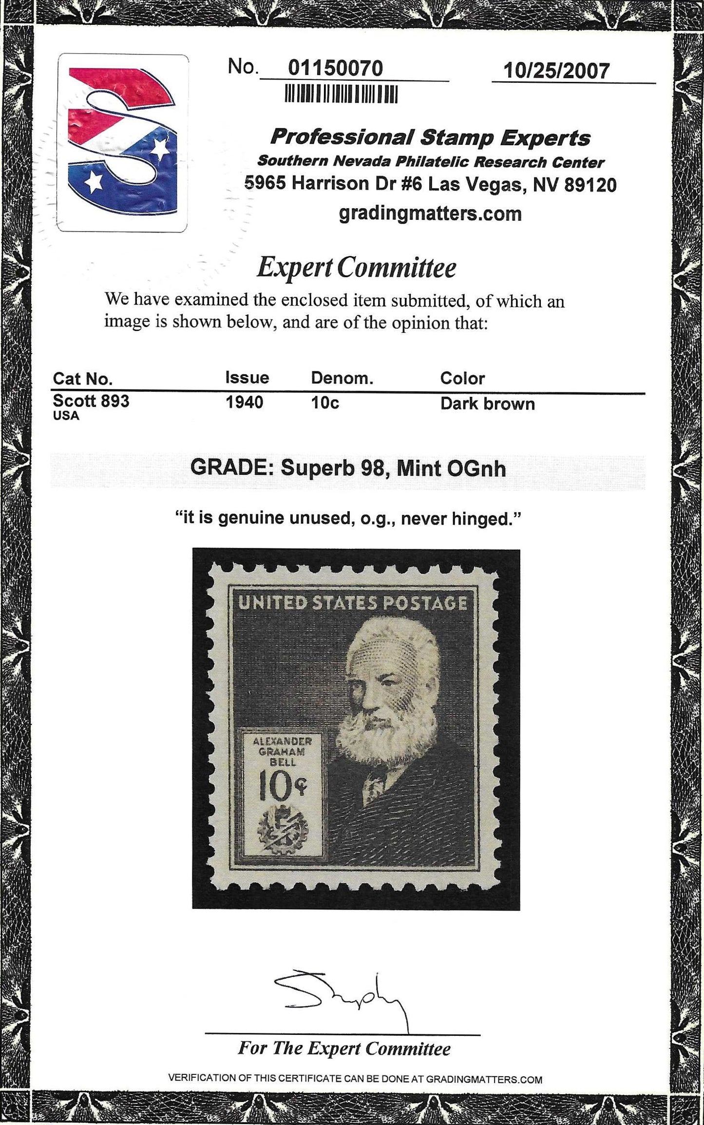 Scott #893 Mint NH Graded 98