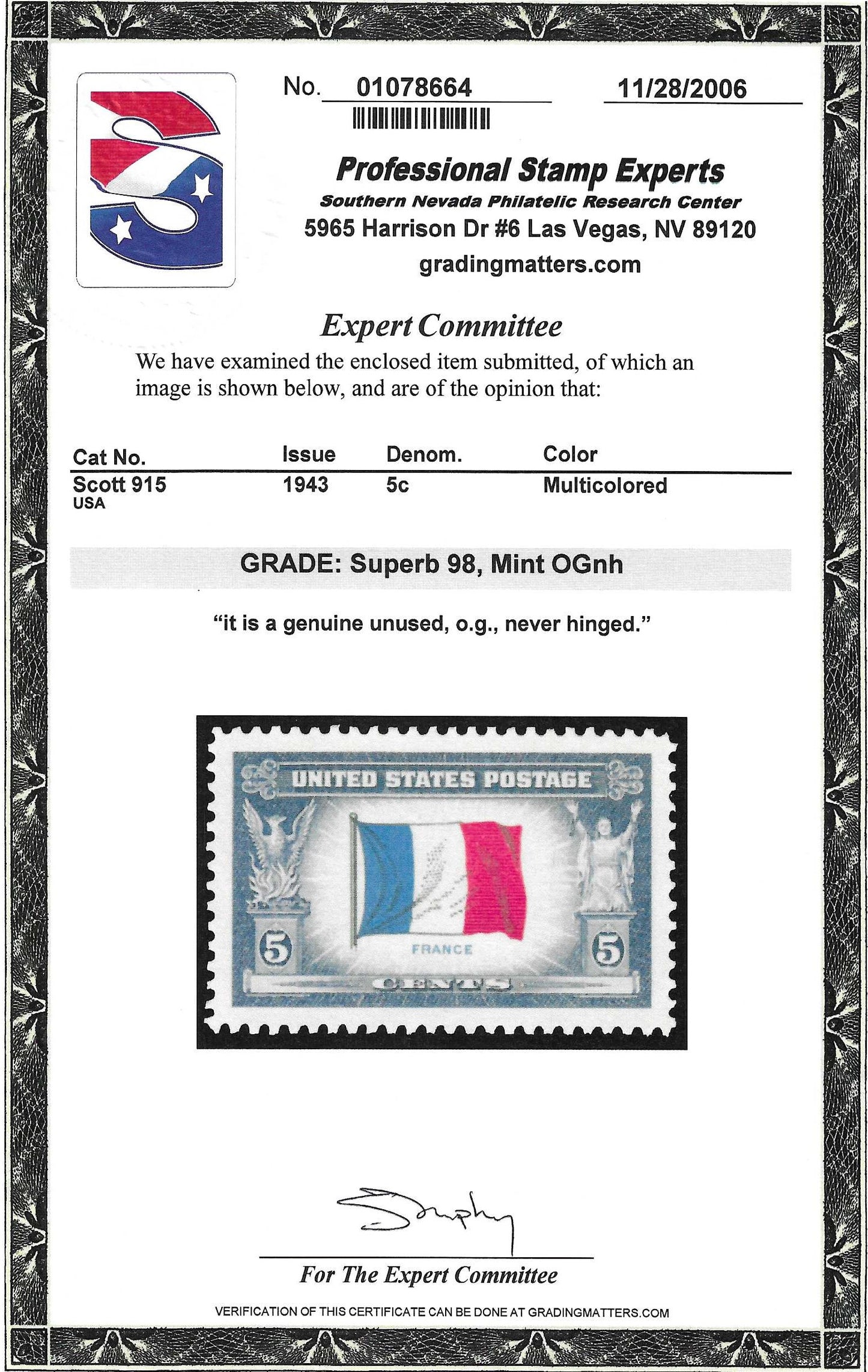 Scott #915 Mint NH Graded 98