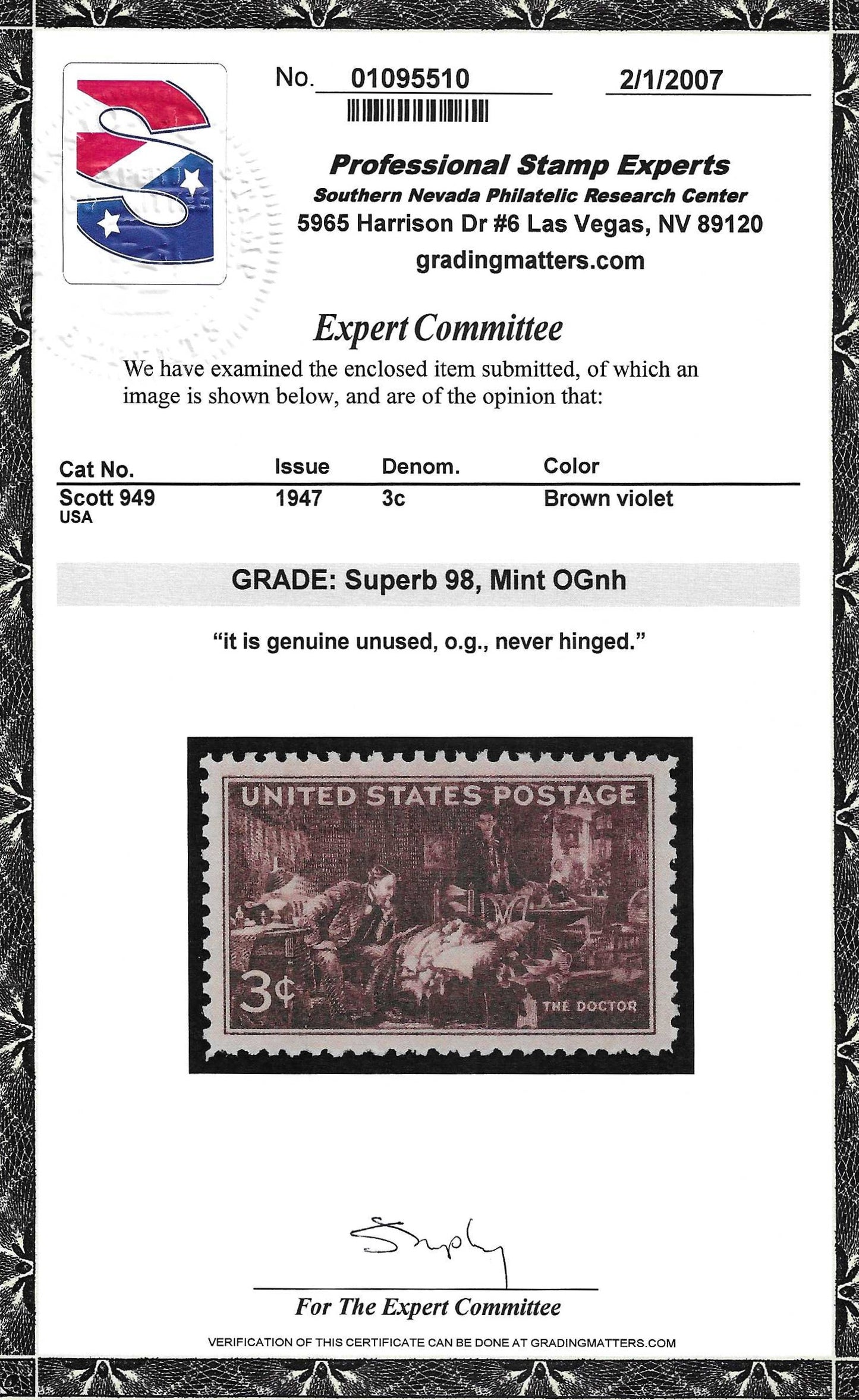 Scott #949 Mint NH Graded 98