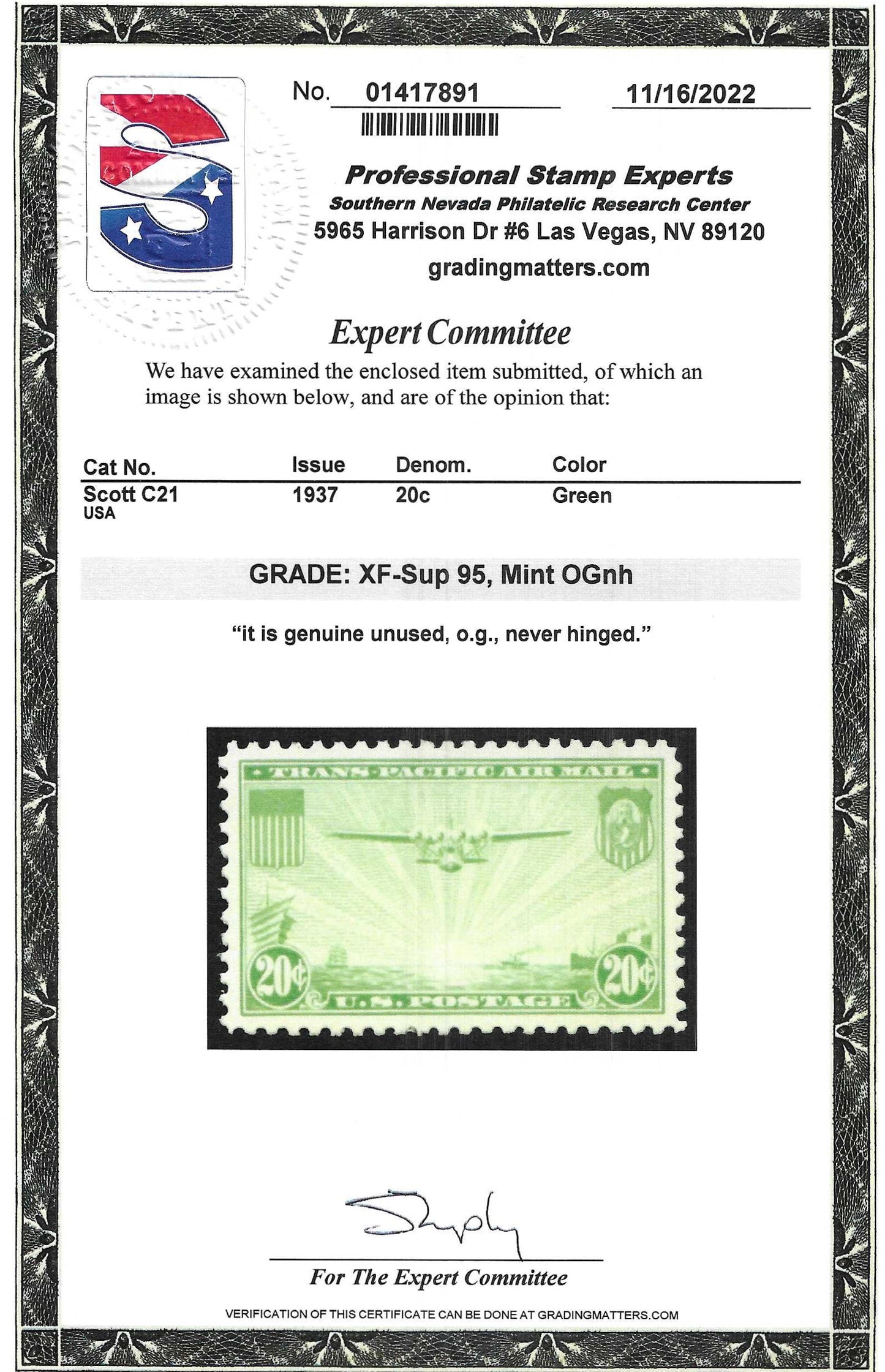 Scott #C21 Airmail Mint NH Graded 95