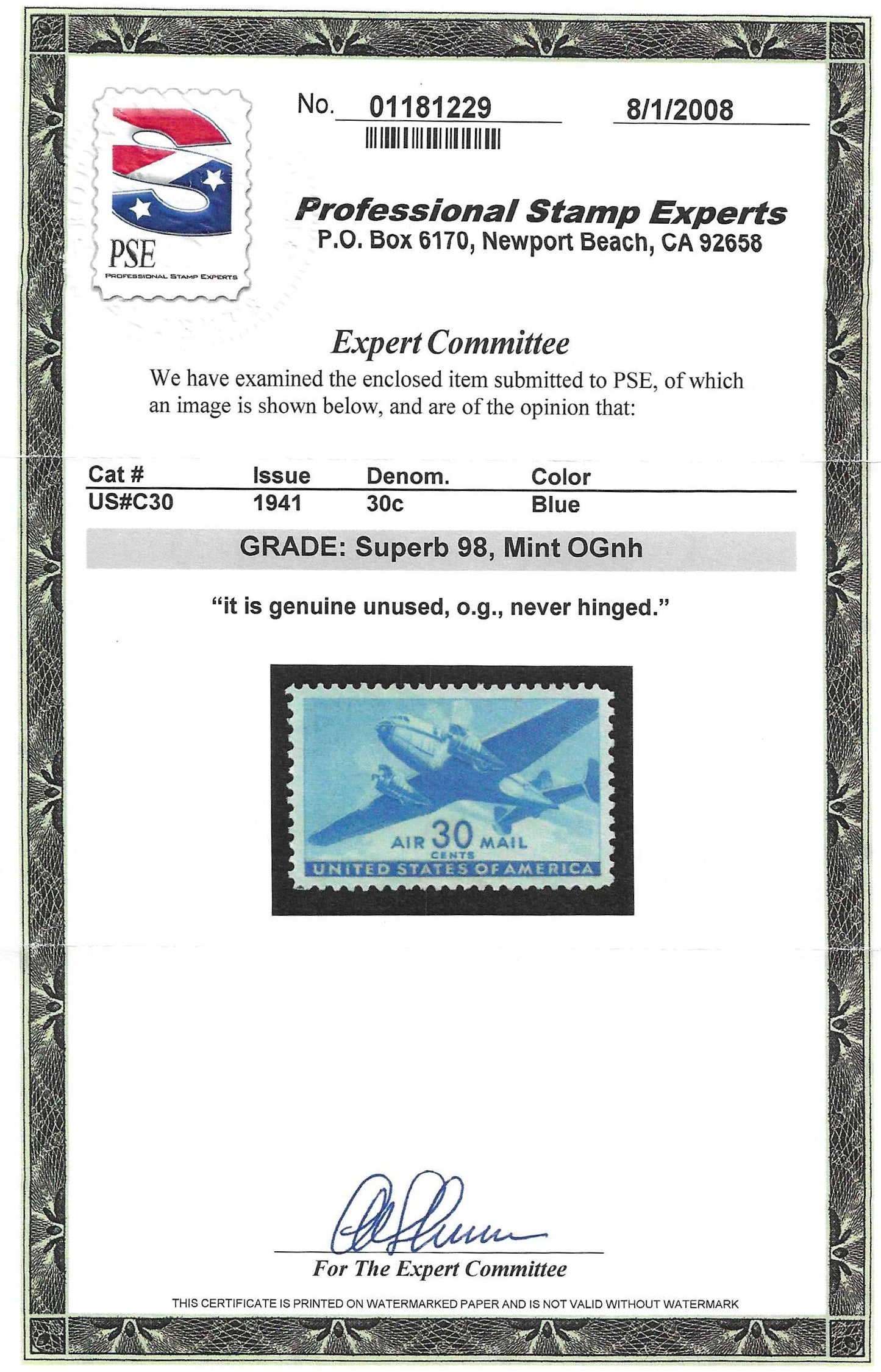 Scott #C30 Airmail Mint NH Graded 98