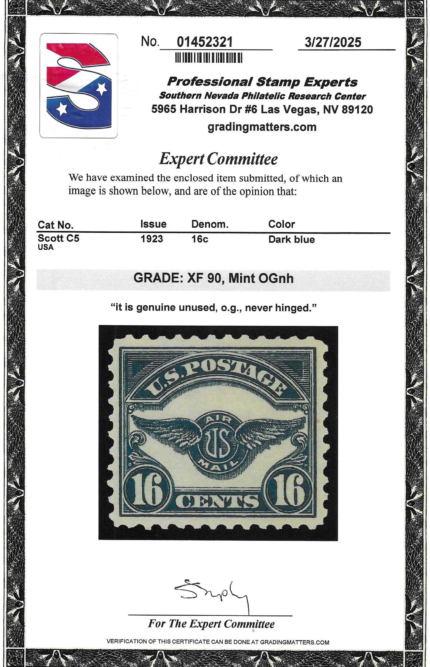 Scott #C5 Airmail Mint NH Graded 90