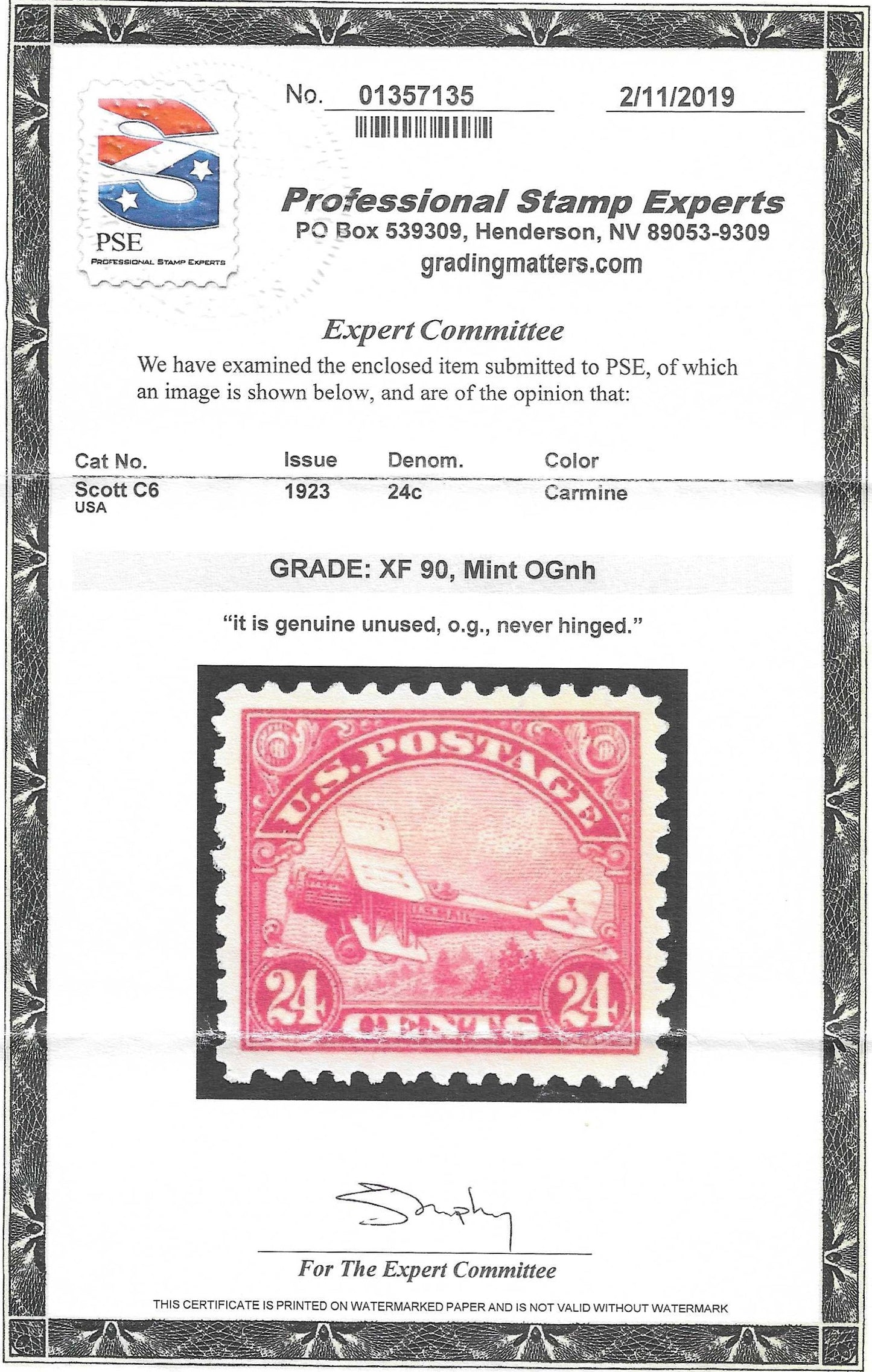 Scott #C6 Airmail Mint NH Graded 90