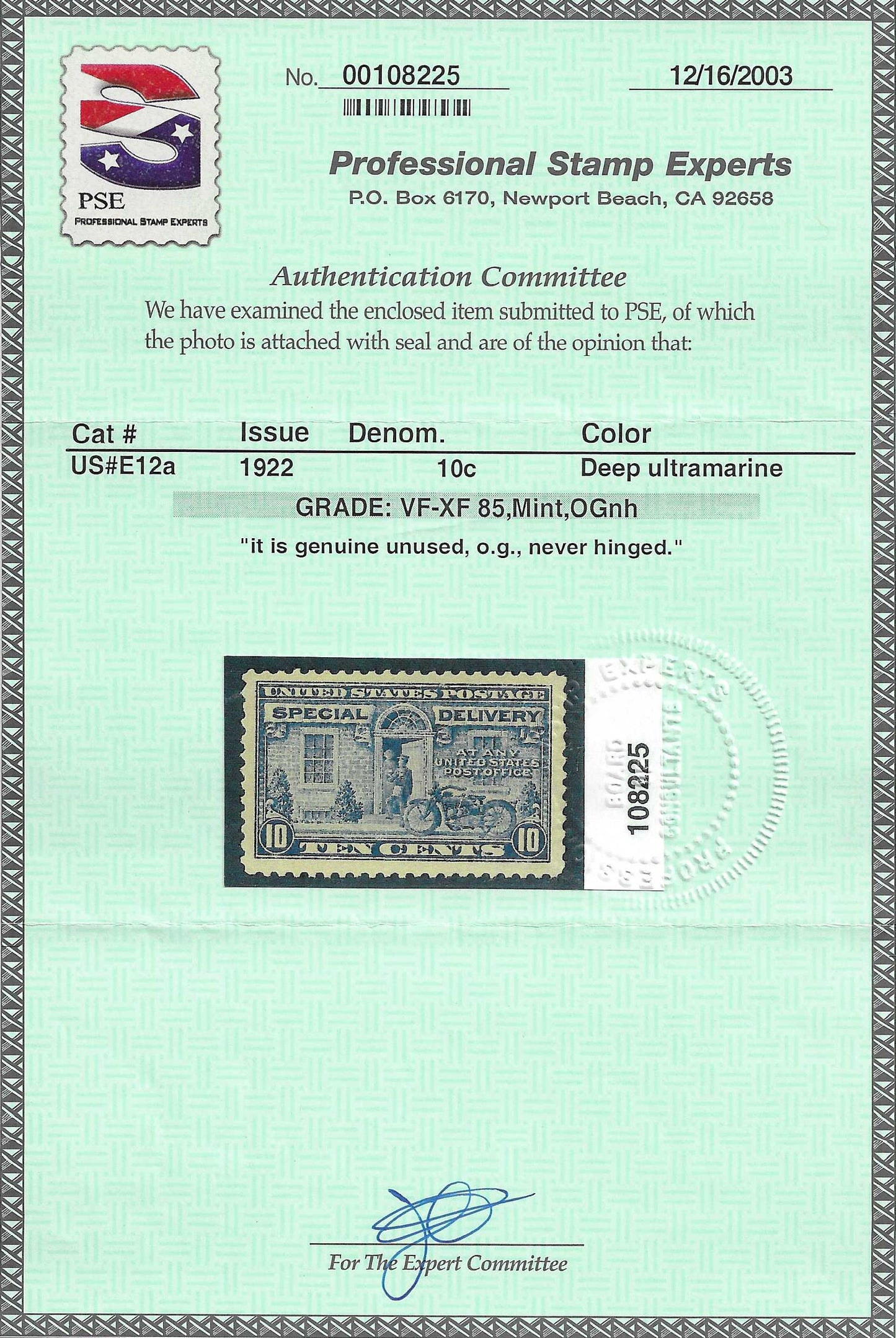 Scott #E12a Special Delivery Mint NH Graded 85