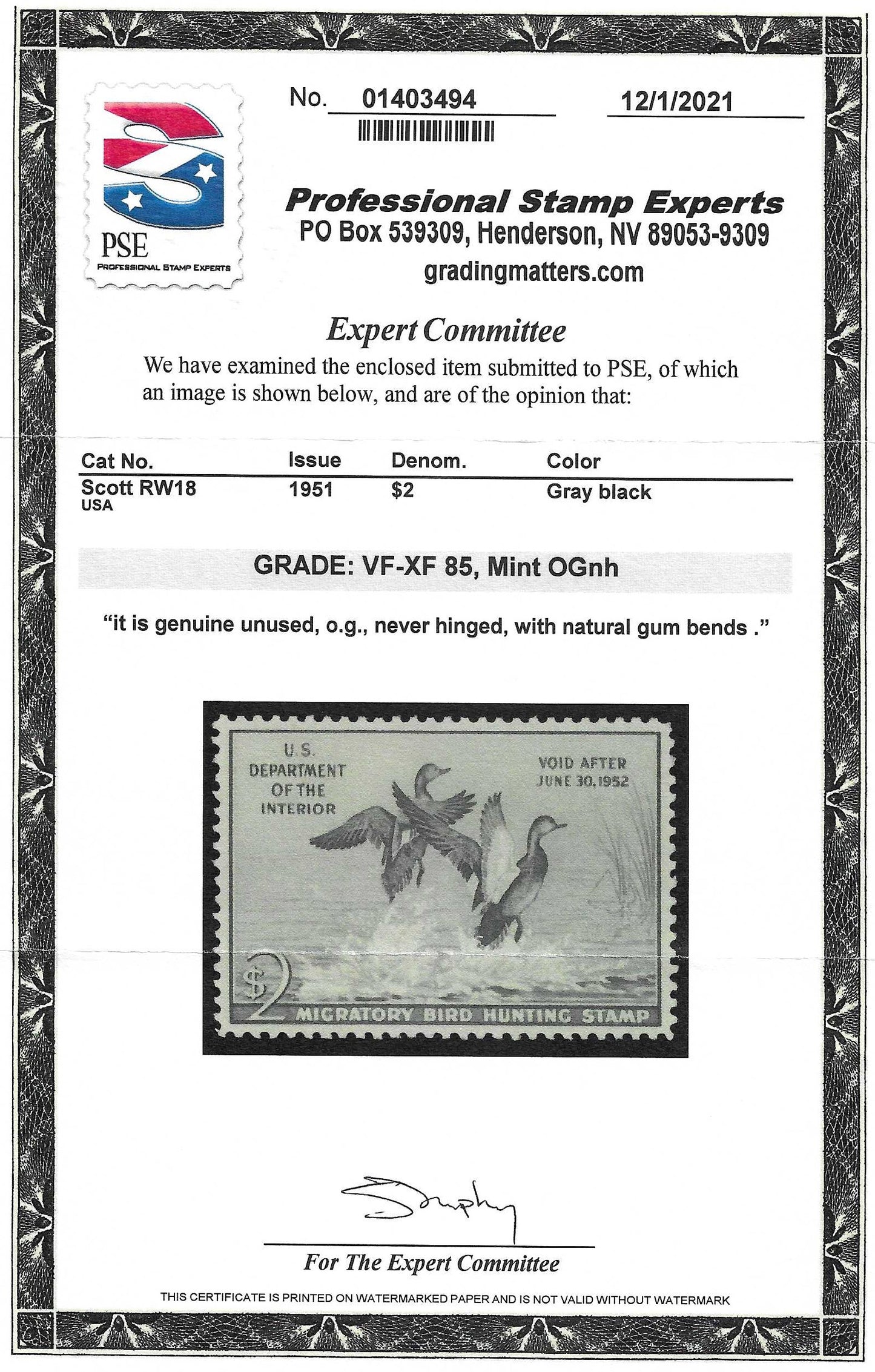 Scott #RW18 Duck Hunting Mint NH Graded 85