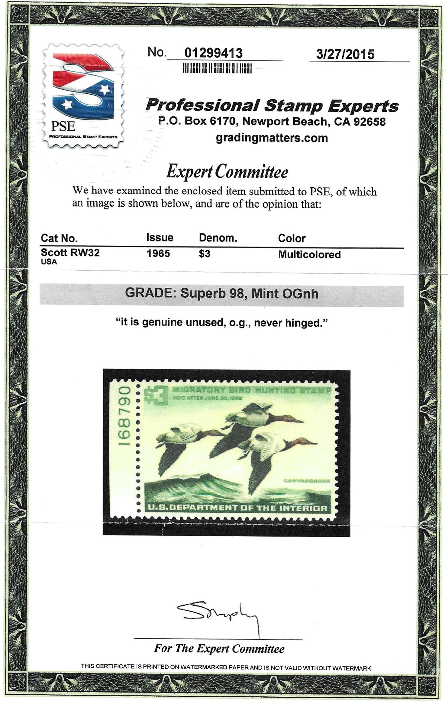 Scott #RW32 Duck Hunting Mint NH Graded 98
