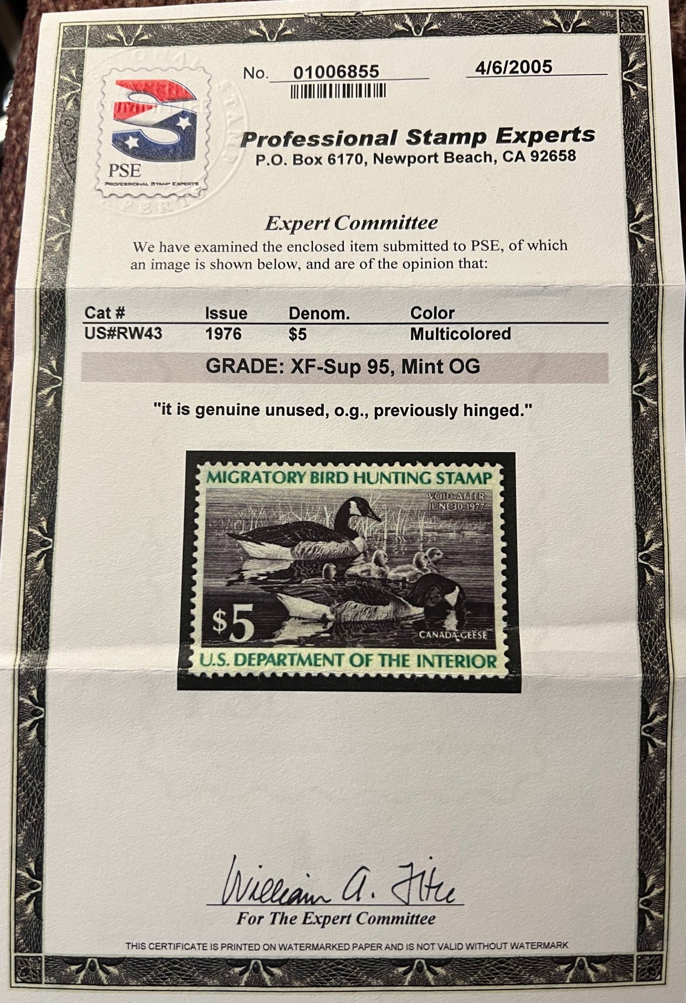 Scott #RW43 Duck Hunting Mint PH Graded 95