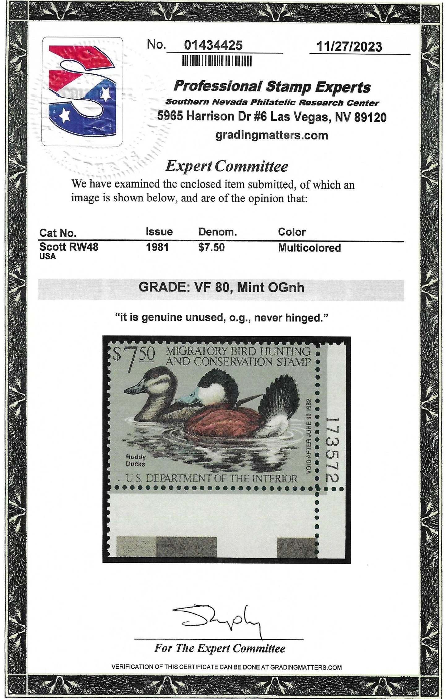 Scott #RW48 Duck Hunting Mint NH Graded 80
