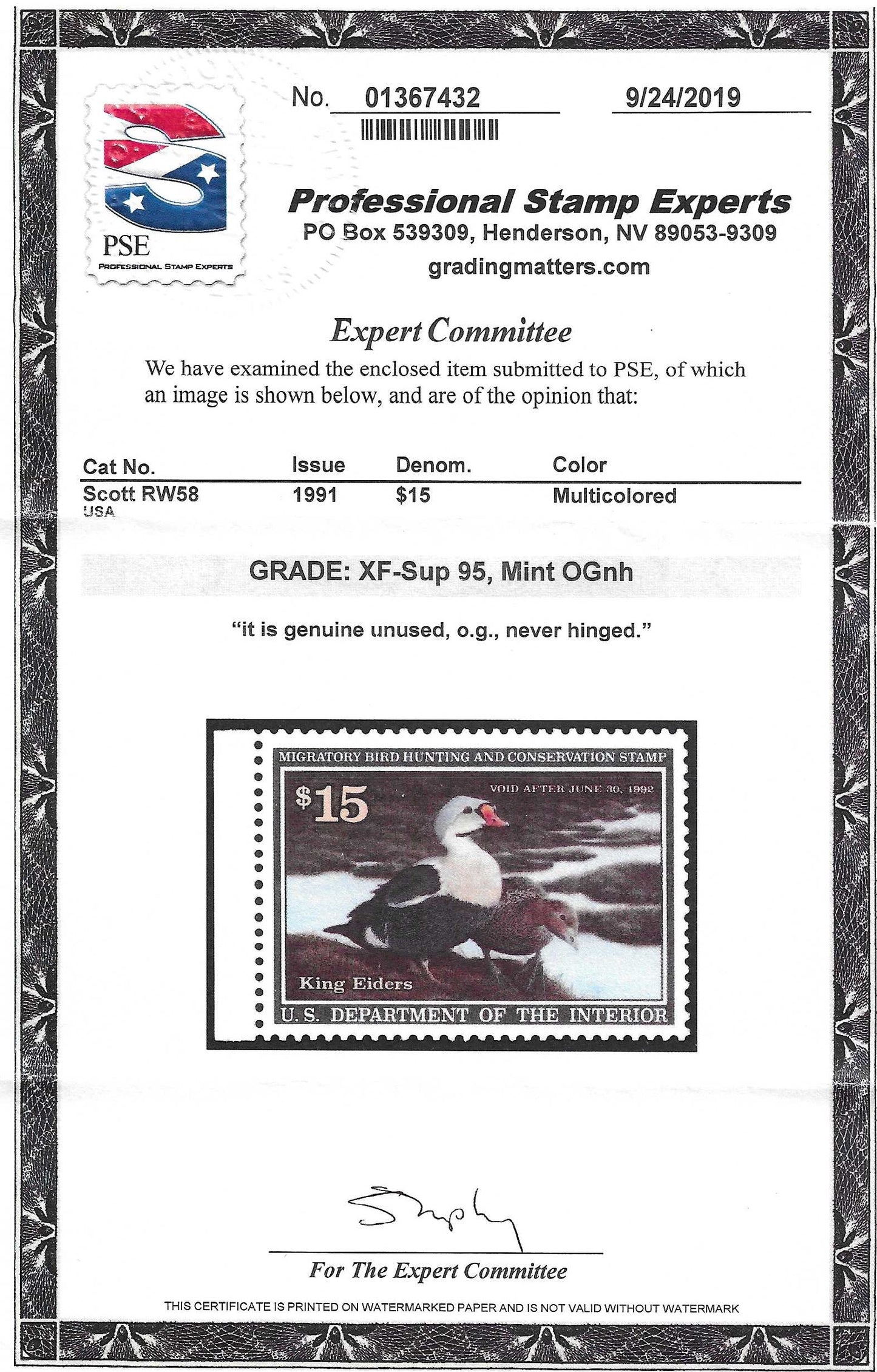 Scott #RW58 Duck Hunting Mint NH Graded 95
