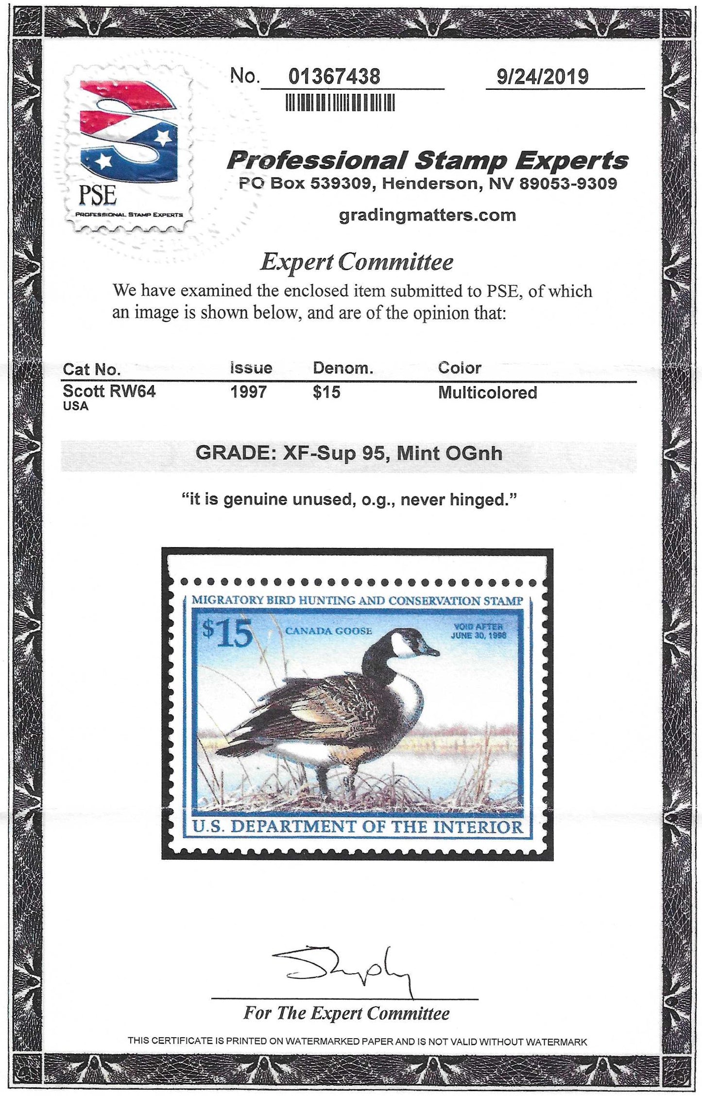 Scott #RW64 Duck Hunting Mint NH Graded 95