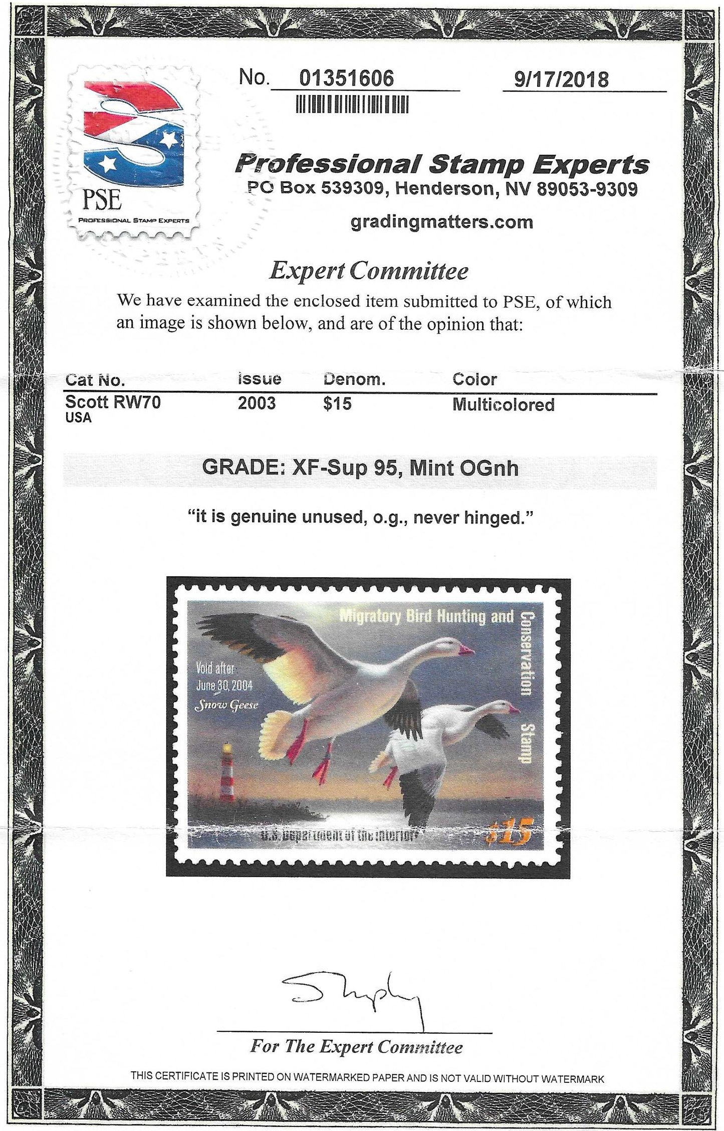 Scott #RW70 Duck Hunting Mint NH Graded 95