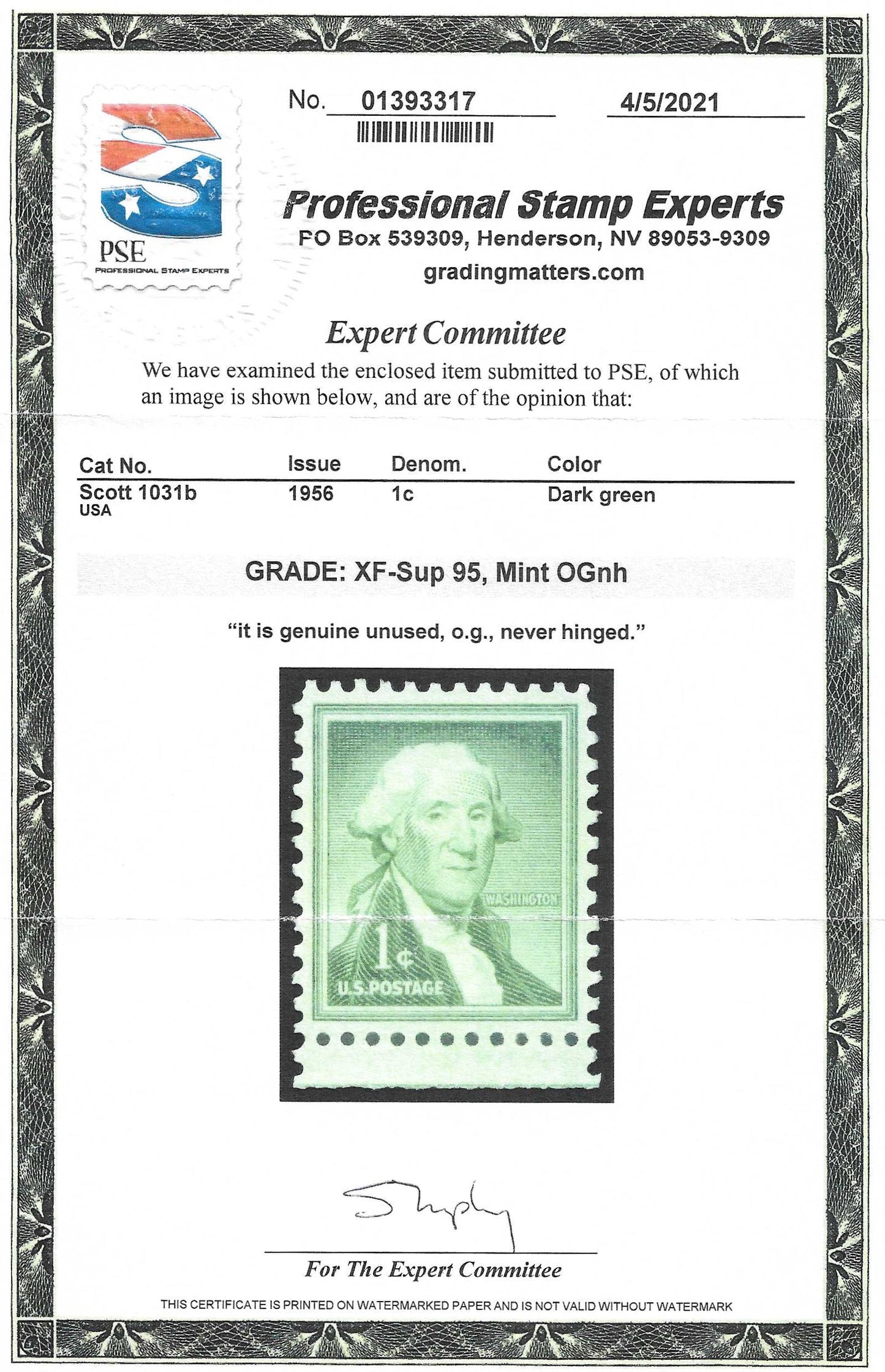 Scott #1031b Mint NH Graded 95