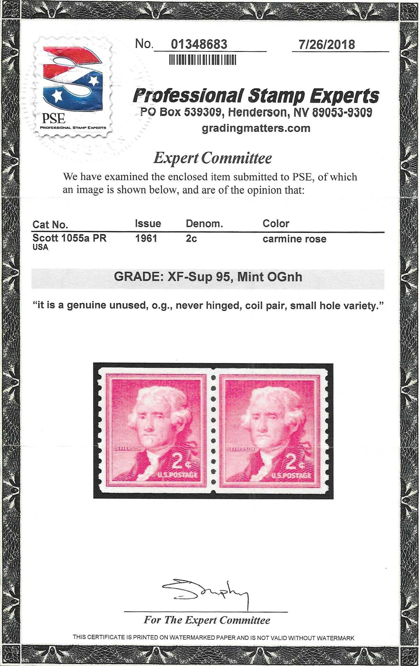 Scott #1055a PR Mint NH Coil Pair Graded 95