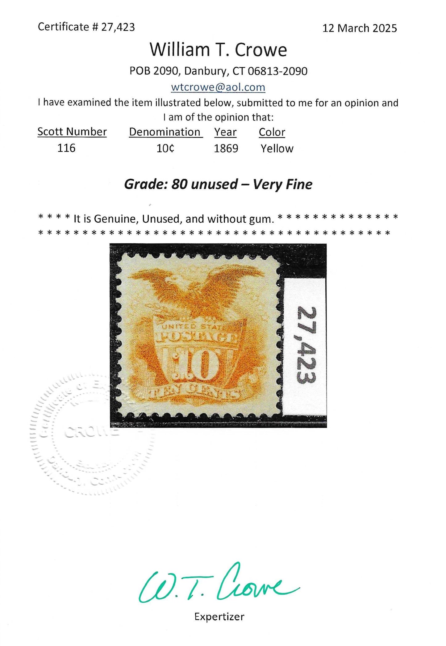 Scott #116 Unused NG Graded 80